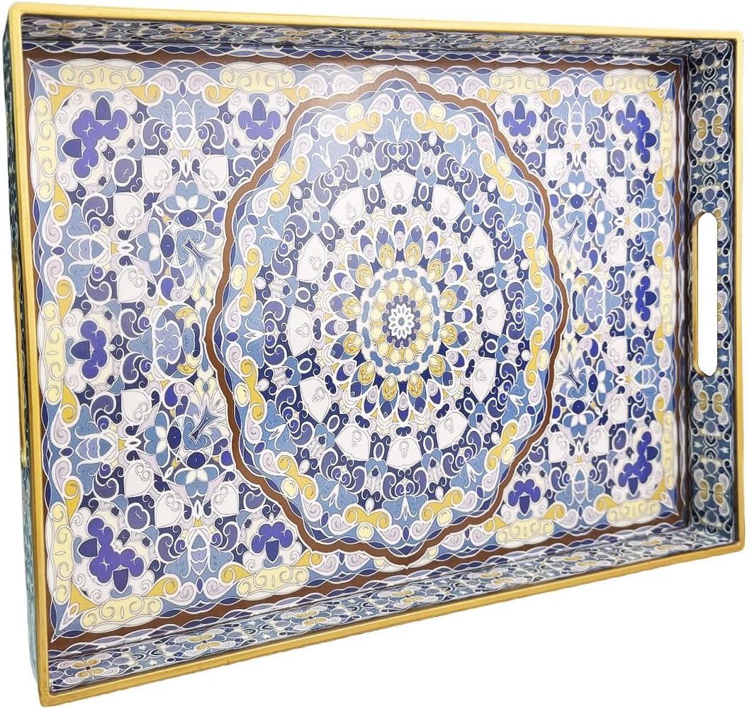 Blue Decorative Tray, Serving Tray with Handles, Plastic Large Tray for Coffee Table, Living Room, Decor, 15.7”*11.8”*1.6"