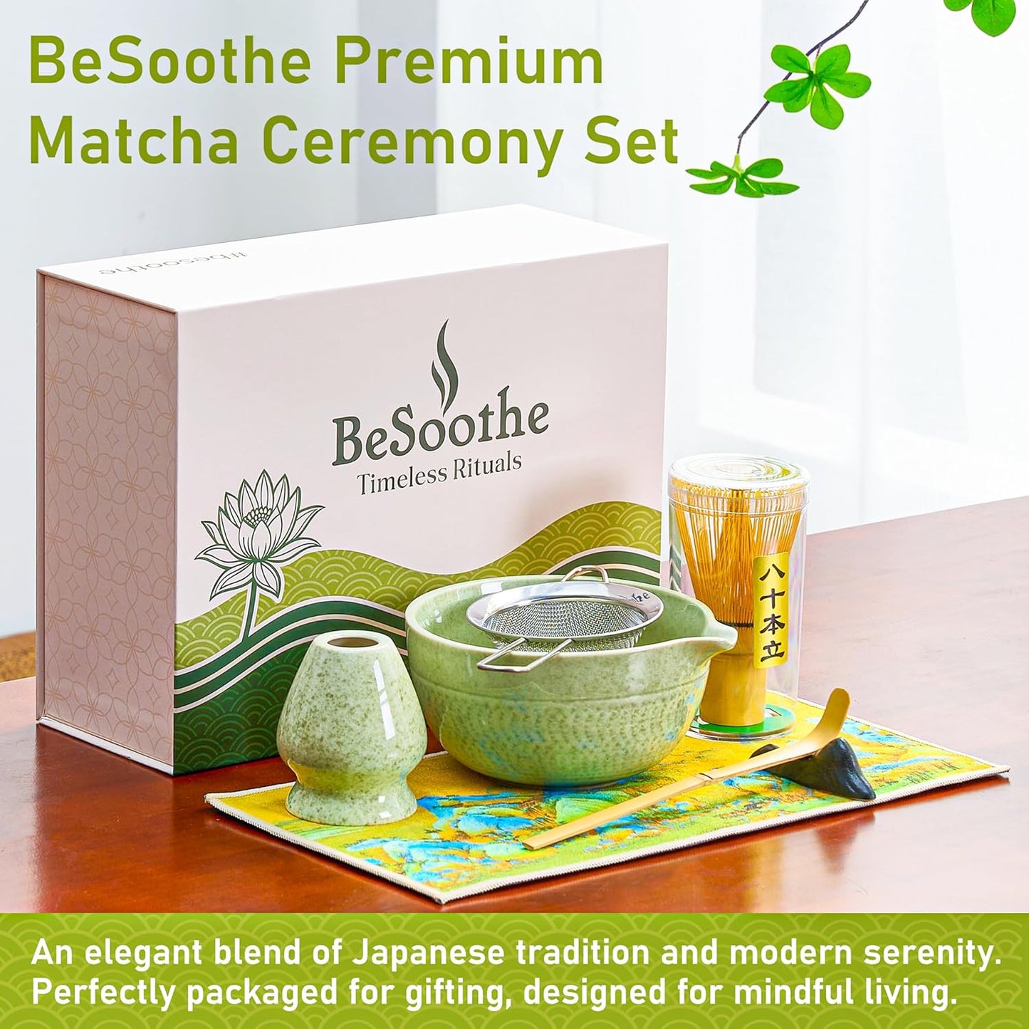 BeSoothe Matcha Whisk Set - Premium Matcha Set 7 Pcs - Ceremony Matcha Powder Kit - Matcha Tea Set for Making Latte - Matcha Whisk Set and Bowl with Scoop&Sifter, Ceramic Bowl - Gift for Matcha Lovers