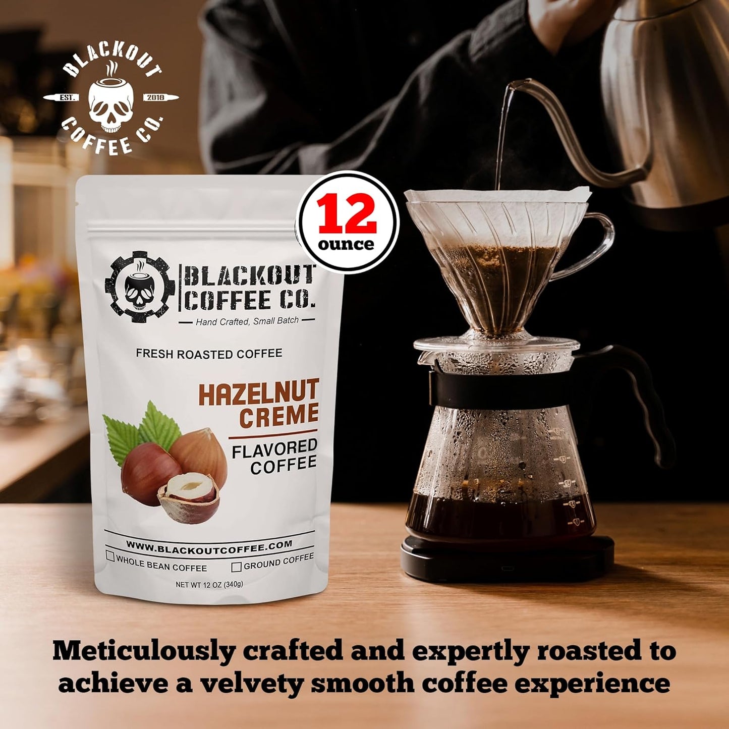 Blackout Coffee Hazelnut Creme Flavored - Freshly Roasted in the USA - 12 oz Ground Coffee Pouch