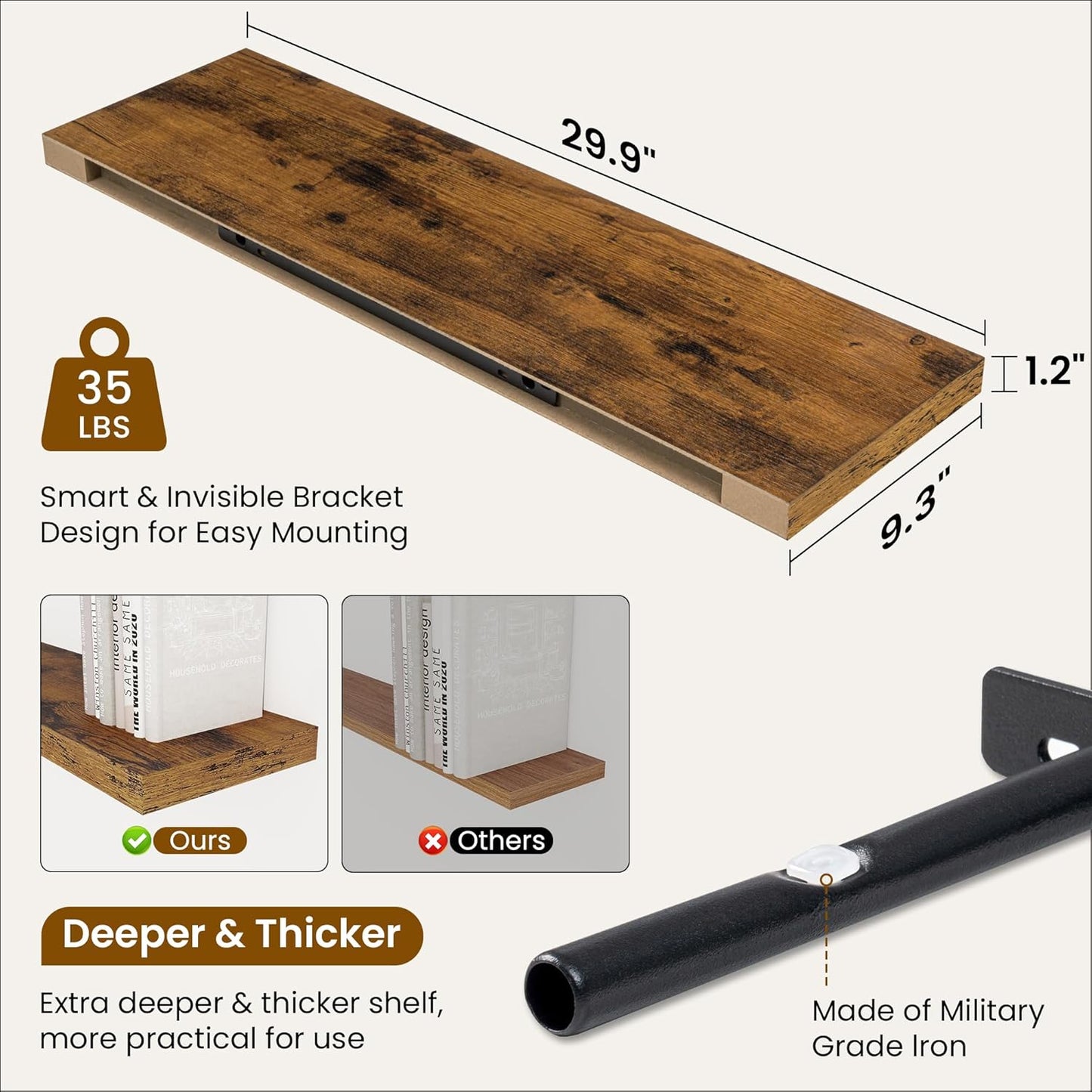 Fun Memories Floating Shelves for Wall, 30 Inch Rustic Wood Wall Mounted Shelves for Bathroom, Bedroom, Kitchen, Living Room, Deep Floating Shelves for Storage & Home Decor (Brown,Set of 2)