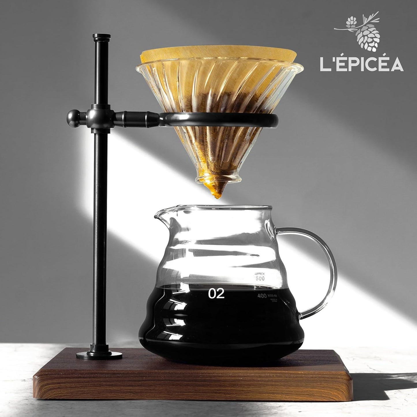 L'ÉPICÉA Pour Over Coffee Maker Set, Pour Over Coffee Maker with Stand, Adjustable Stainless Steel Stand, Wooden Base, Paper Filters, Cone Glass Carafe, Pour Over Coffee Dripper (Black)