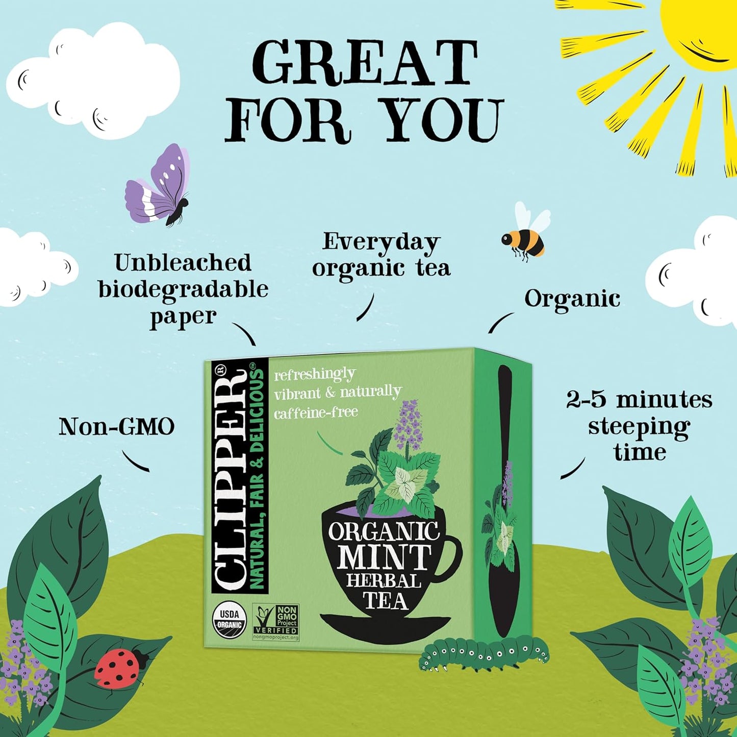 Clipper Tea Mint Herbal Teabags – Caffeine Free, USDA Organic, Great Hot or Iced – Refreshing, Natural, Fair & Delicious – 50 Tea Bags