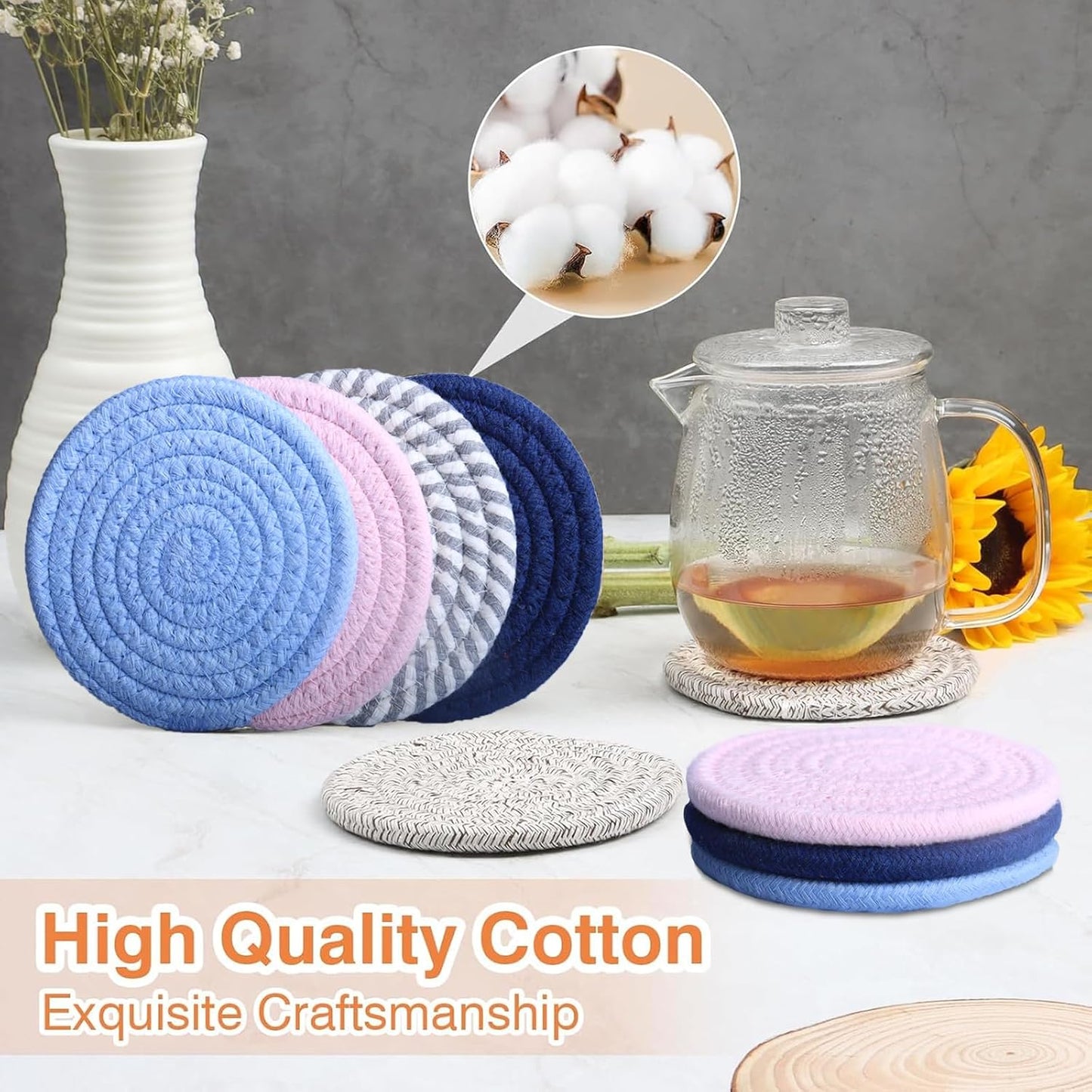 4.8" Drink Cotton Coasters Set of 2 – Large Absorbent Fabric Drink Pads for Coffee Mugs, Stylish Boho Cup Mats for Desk, Bedside Table, Plant Pots – Durable Minimalist Home Decor (Rich Blue, 2pack)