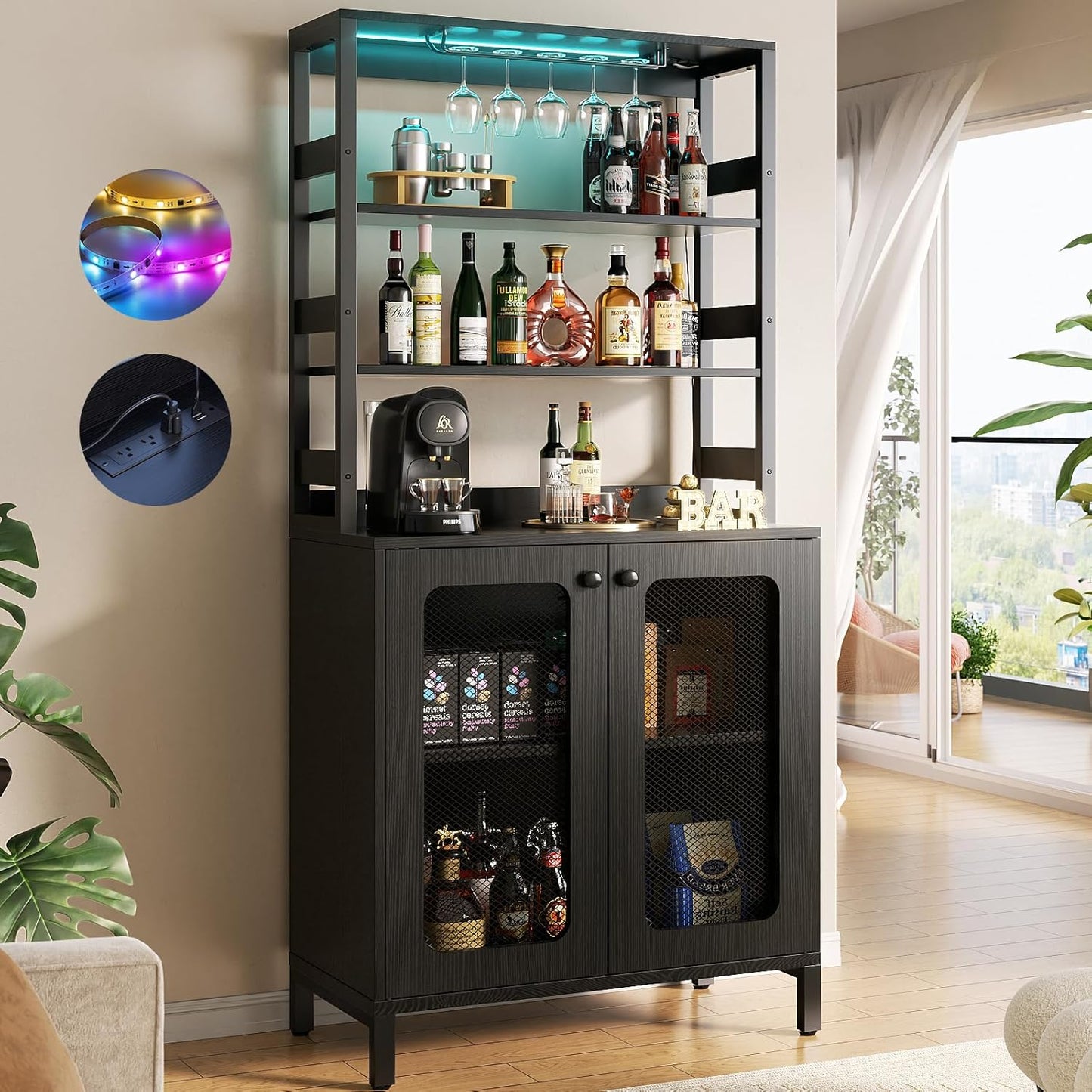 Aheaplus Bar Cabinet with Power Outlets, 67" Tall Wine Bar Cabinet Liquor Cabinets with LED Lights and Glass Holder, Coffee Bars Station for Living Room, Microwave Stand Bakers Rack Cabinets, Black