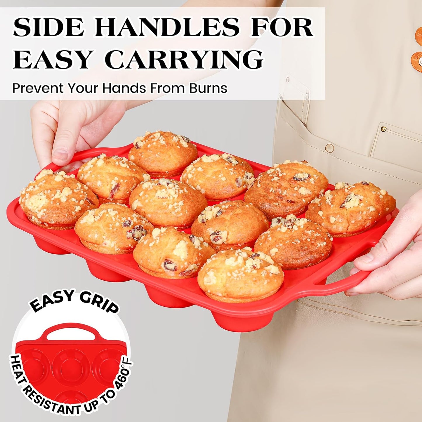 2 Pcs Silicone Muffin Pan for Baking with Metal Frame, Nonstick 12 Cup Regular Size Cupcake Pan, Silicone Muffin Tray for Egg Bites (Red)