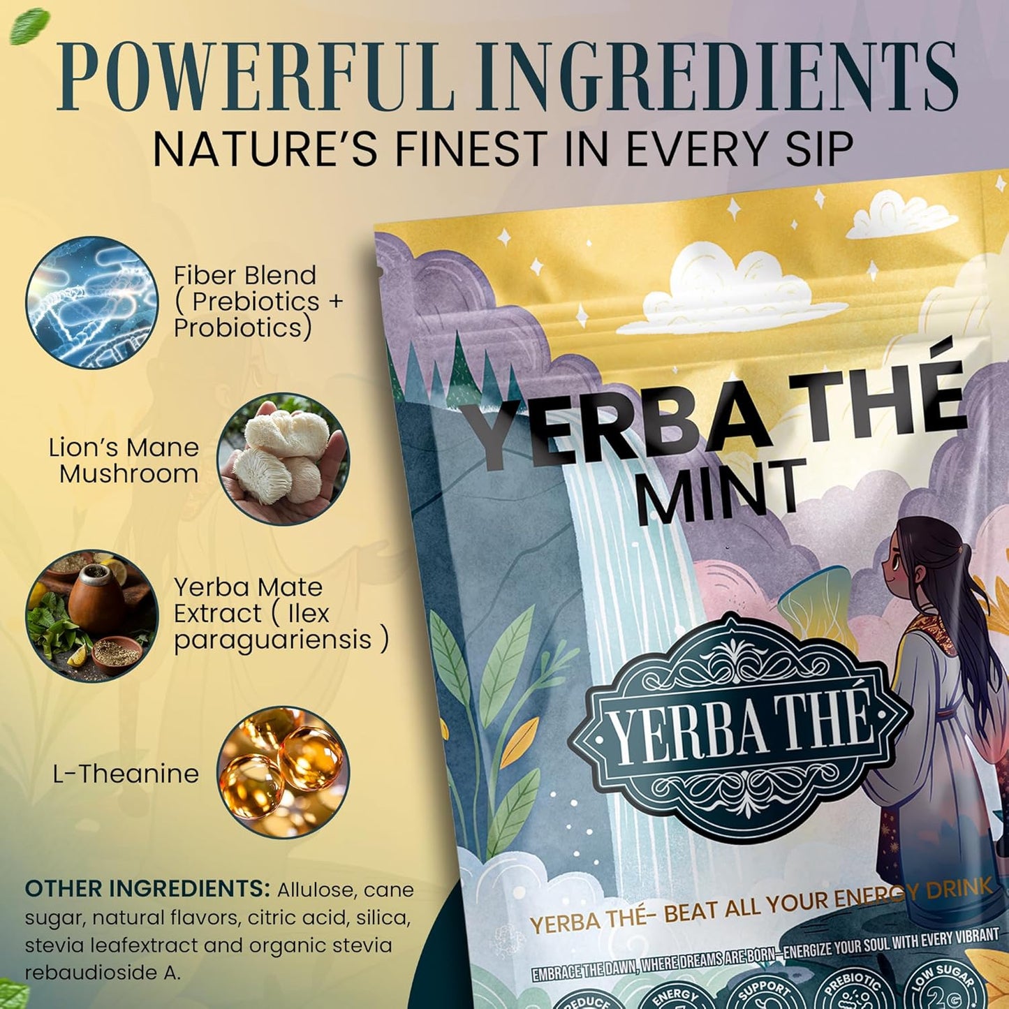 Ancient Diosa - Yerba Mate Tea Powder 350g, 35-Servings - Mint Flavor Clean Energy Drink Superfood - Support Gut Health with Probiotics and Prebiotics, Reduce Brain Fog, Relaxation and Focus Blend