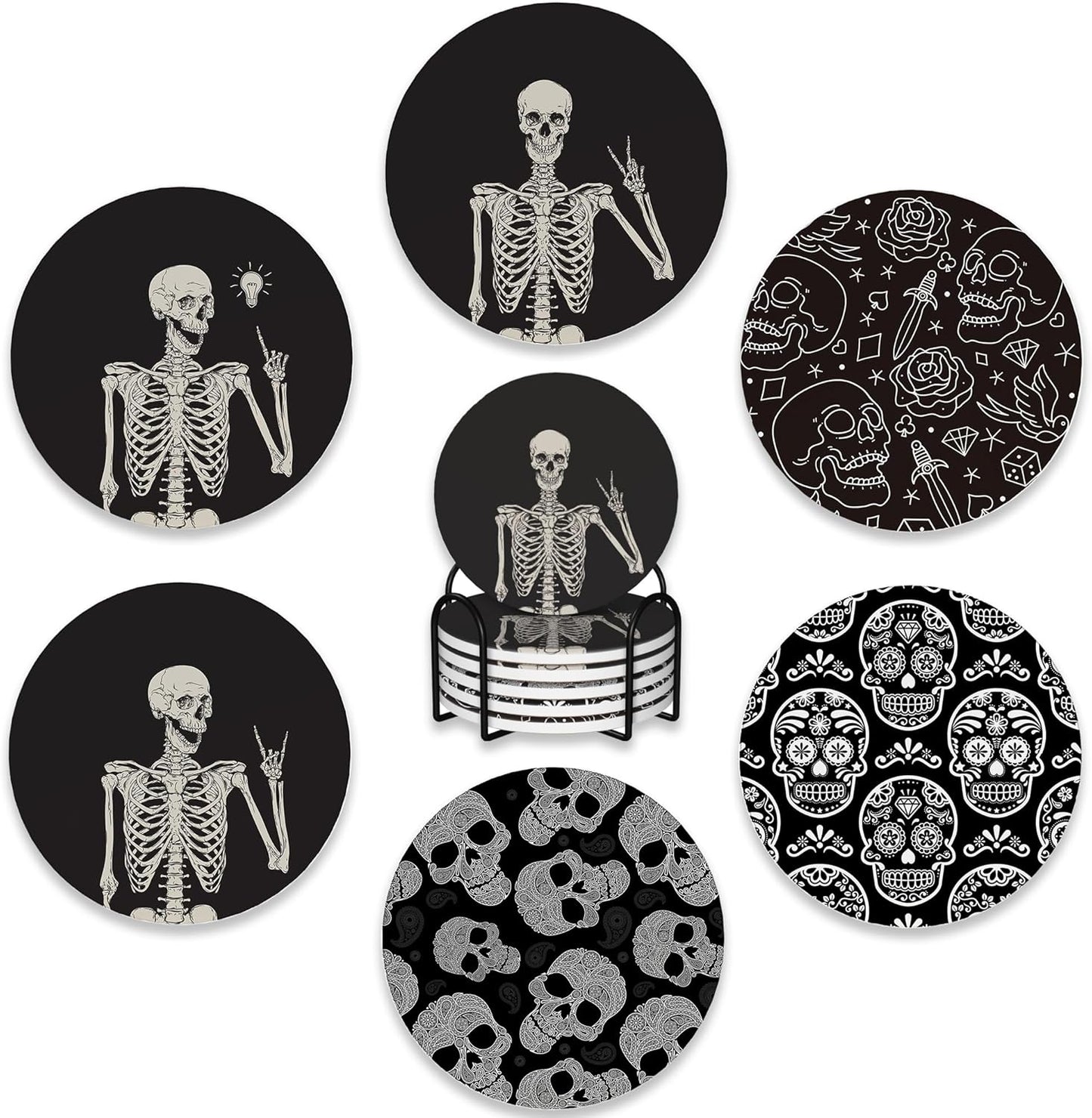 Drink Coasters Set of 6 with Holder,Human Skeleton Posing Skull Head Absorbent Ceramic Coasters with Cork Base,Fit All Cups,Tabletop Protection Mat for Mugs and Cups,Office,Kitchen