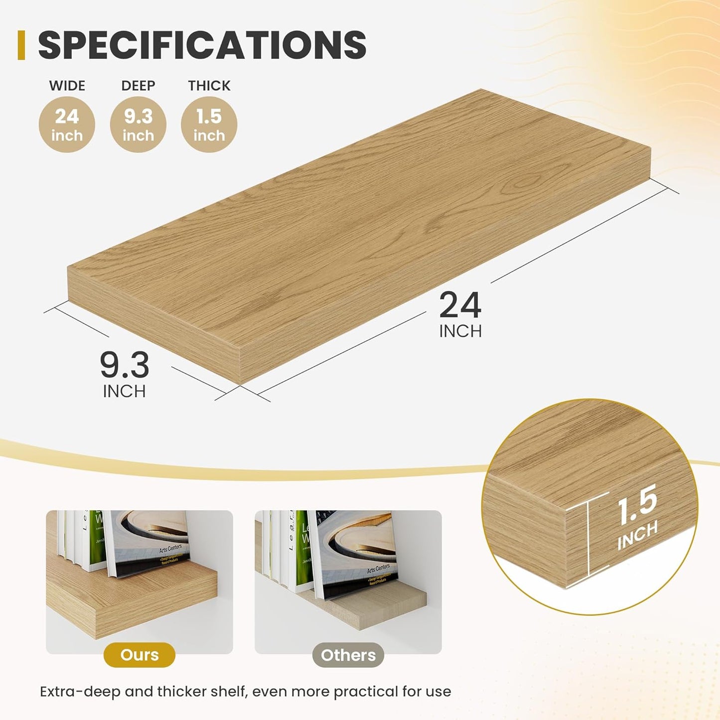 24 Inch Floating Shelves, 9.3" Deep Floating Shelf Wall Mounted, 24" Wall Shelves, Rustic Deep Bookshelf, Large Display Shelves & Storage Shelves for Bedroom, Living Room, Oak, Set of 2