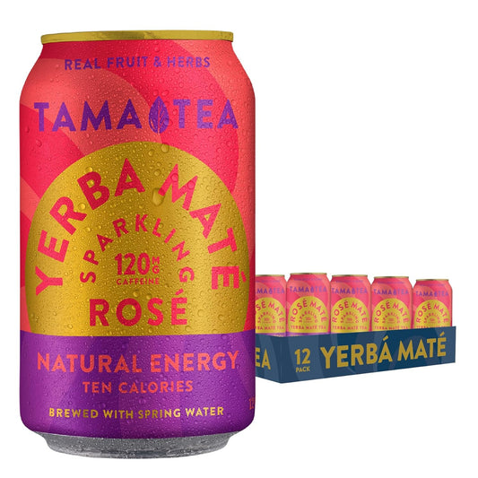 Sparkling Rose Yerba Mate by Tama Tea - Unsweetened Natural Energy Drink with Real Fruit & Herbs - Healthy Caffeine Drink Alternative - 120mg of Brain-Boosting Caffeine, 10 Calories - 12oz Pack of 12