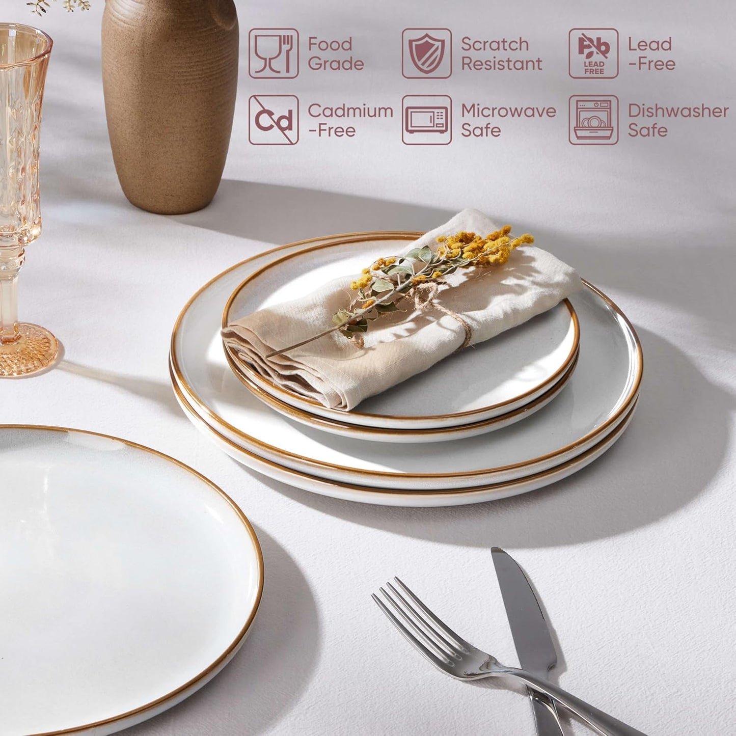 Herogo Ceramic 7.9 Inch Dinner Dessert Plates Set of 6, Small Stoneware Dinnerware Plate Set, Double Reactive Glaze Large Dinnerware Plates for Kitchen, Microwave, Oven & Dishwasher Safe, Cream Khaki