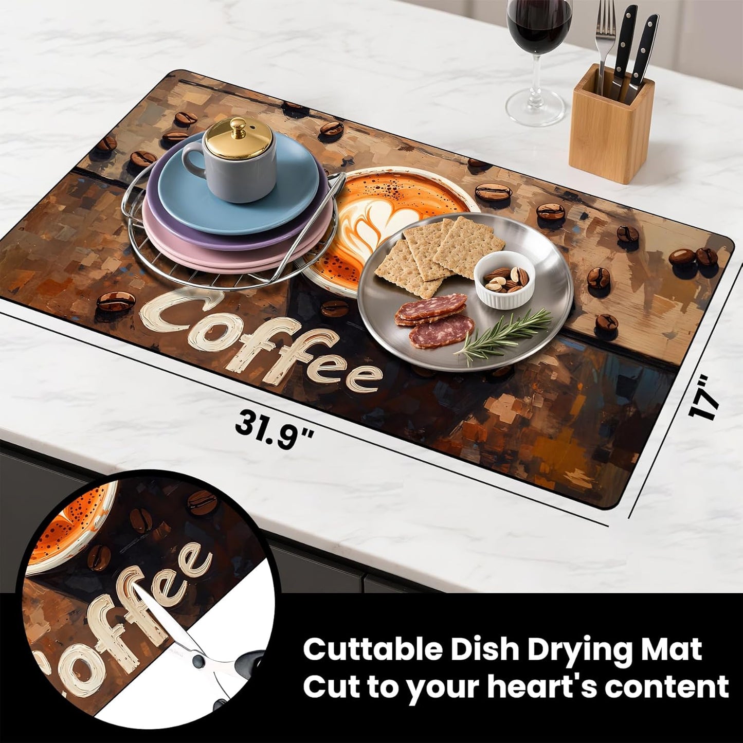 17"x 32" Coffee Bar Mat, Coffee Beans Absorbent Dish Drying Mat Cuttable Hide Stain Draining Table Pad for Kitchen Counter, Coffee Bar Accessories