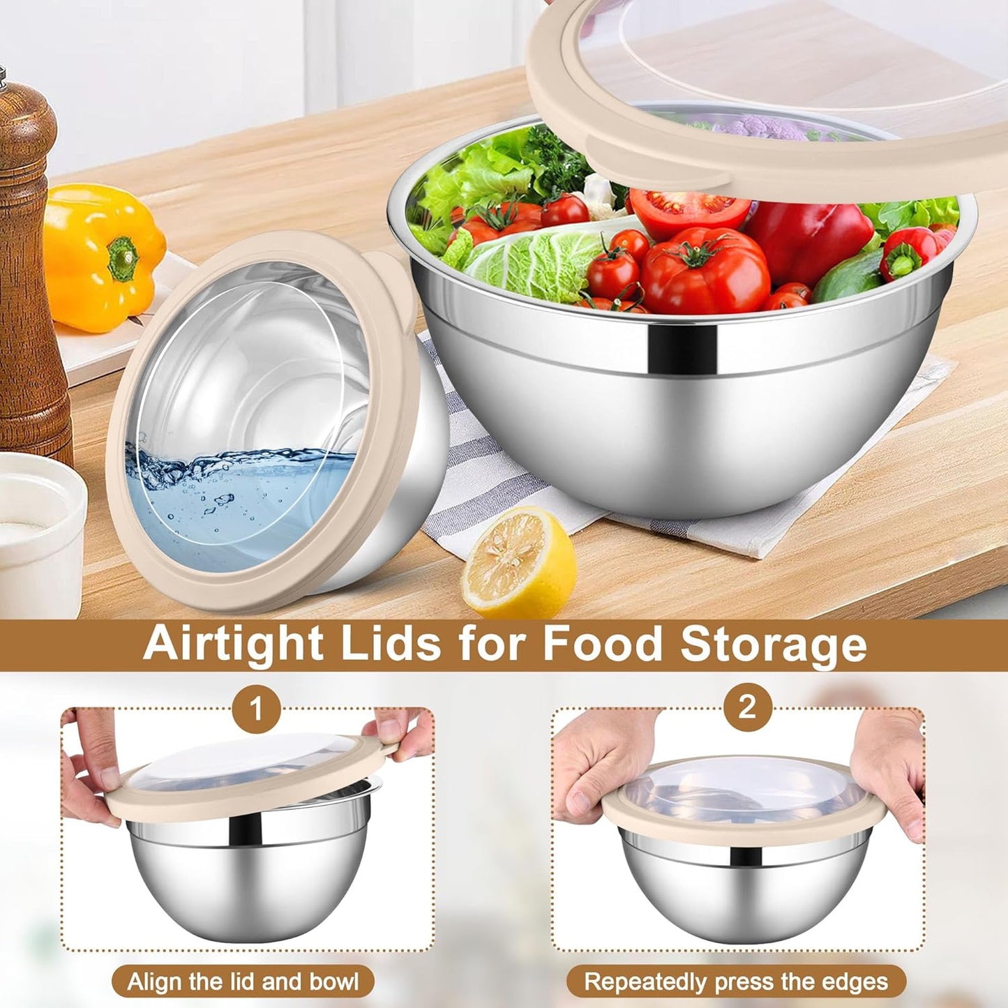 LIANYU Mixing Bowls with Visible Airtight Lids Set, 6Pcs Stainless Steel Kitchen Metal Nesting Bowls, Large Size 7, 3.5, 2.5, 2, 1.5, 1QT for Cooking, Baking, Serving, Dishwasher & Freezer Safe, Khaki