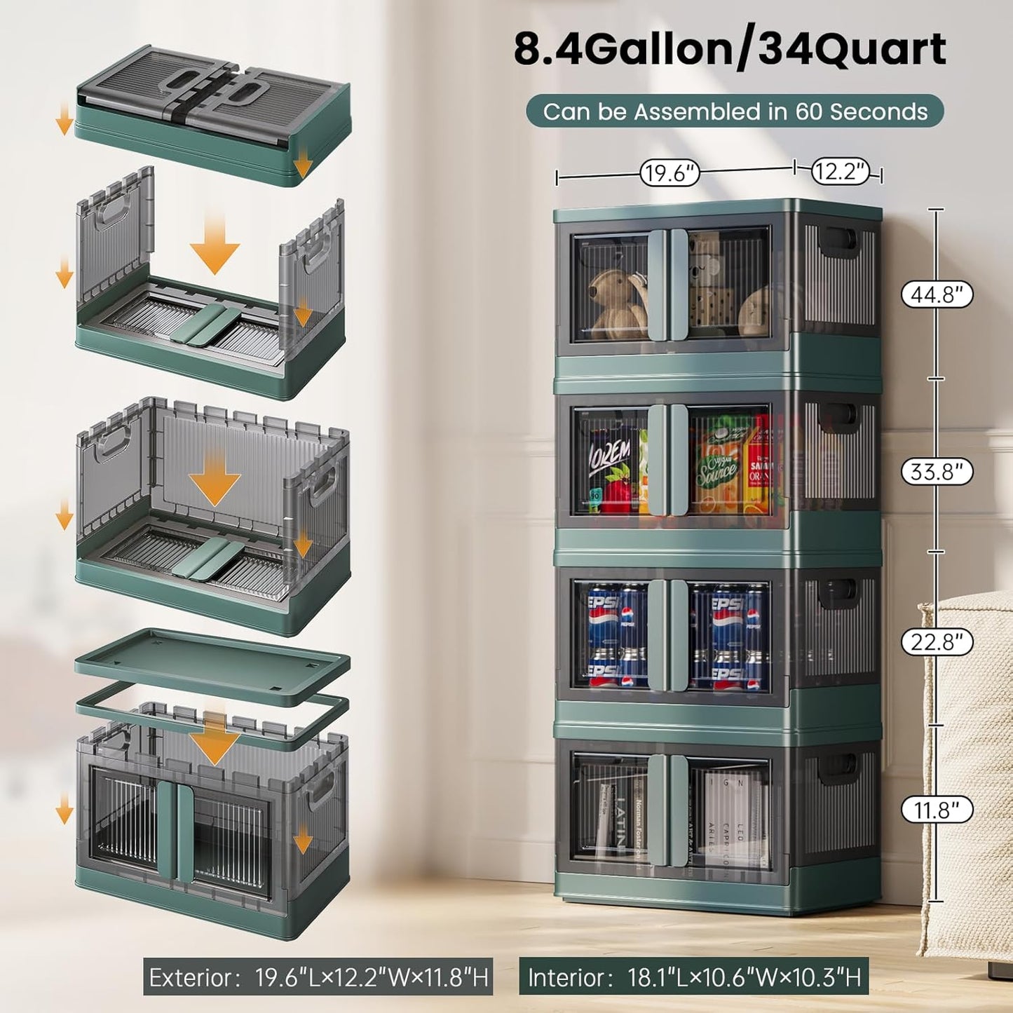 8.4Gal Collapsible Storage Bins with Lids & Wheels - 1 Pack Stackable with Doors, Heavy-Duty Plastic Containers for Home/Office, Green