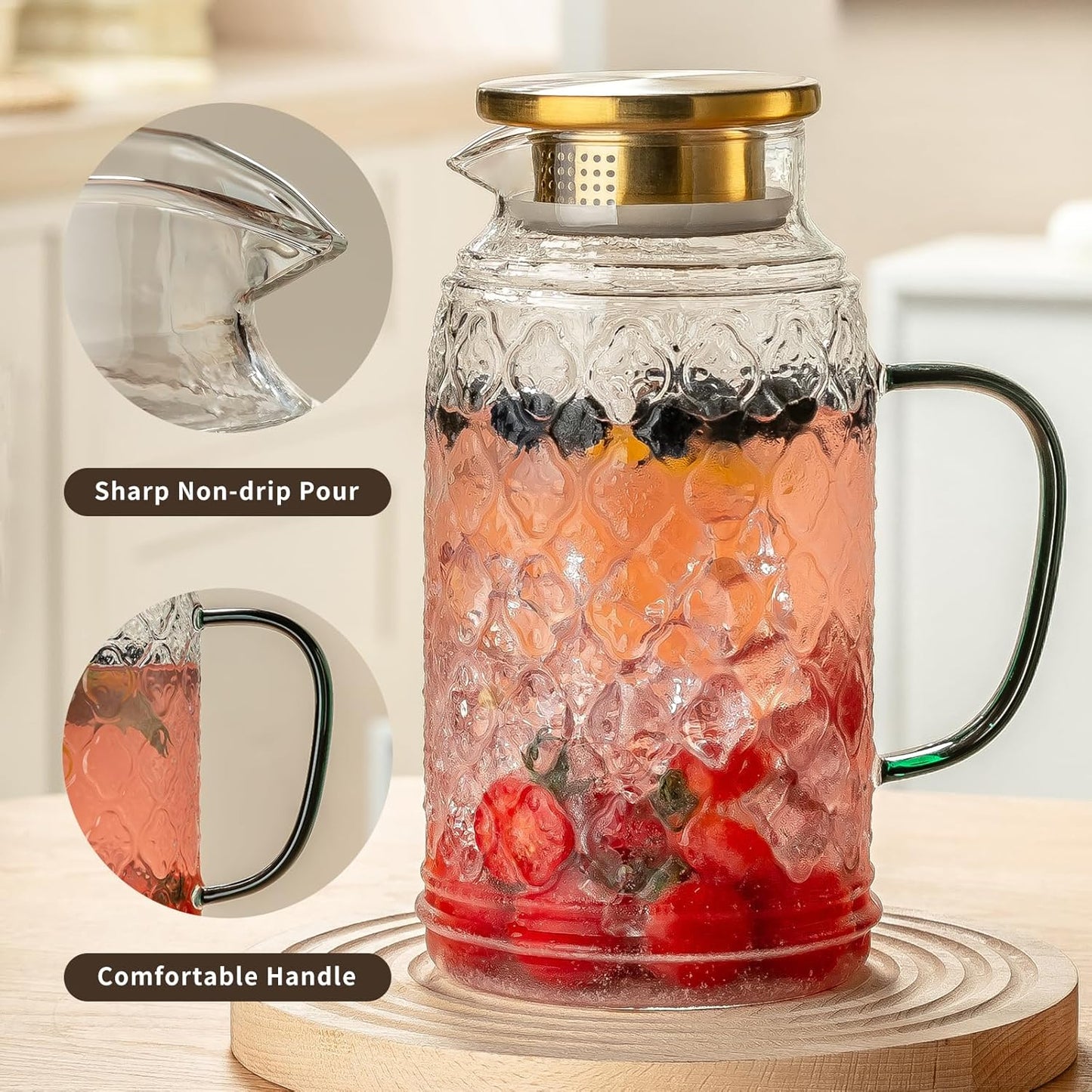 Glass Pitcher with Lid, 2 PACK 68 oz/2 Liter Vintage Water Pitcher, Clear Borosilicate Glass Water Carafe for Cold Brew, Coffee, Lemonade, Iced Sun Tea,Beverage, Milk, Heat Resistant