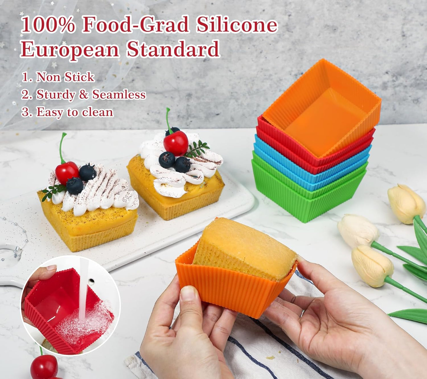 Webake 3.5 Inch Jumbo Baking Cups Reusable Silicone Square Cupcake Liners Non-stick Muffin Brownie Cake Mold (Pack of 8)