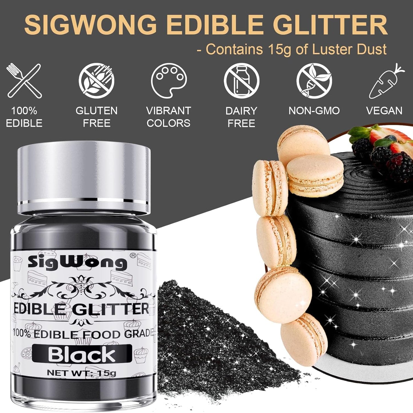 Black Edible Glitter - 15g Food Grade Luster Dust Powder, Cake Decorating Sprinkle Glimmery Dust for Drinks, Wine, Fondant, Chocolate, Candy, Cookie, Vegan