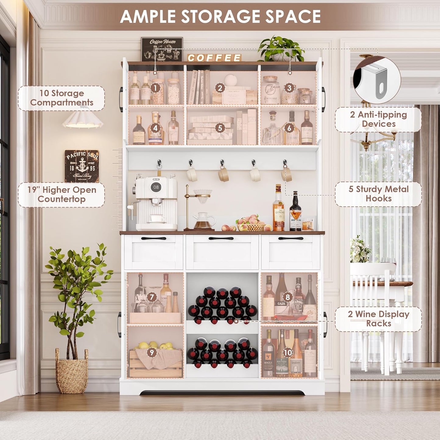 HIFIT 72" Large Kitchen Pantry Storage Cabinet with Barn Doors & Shelves & Drawers, Farmhouse Tall Kitchen Hutch with Bar Cabinet and Microwave Stand, Cupboard Wine Rack for Kitchen Dining Room, White