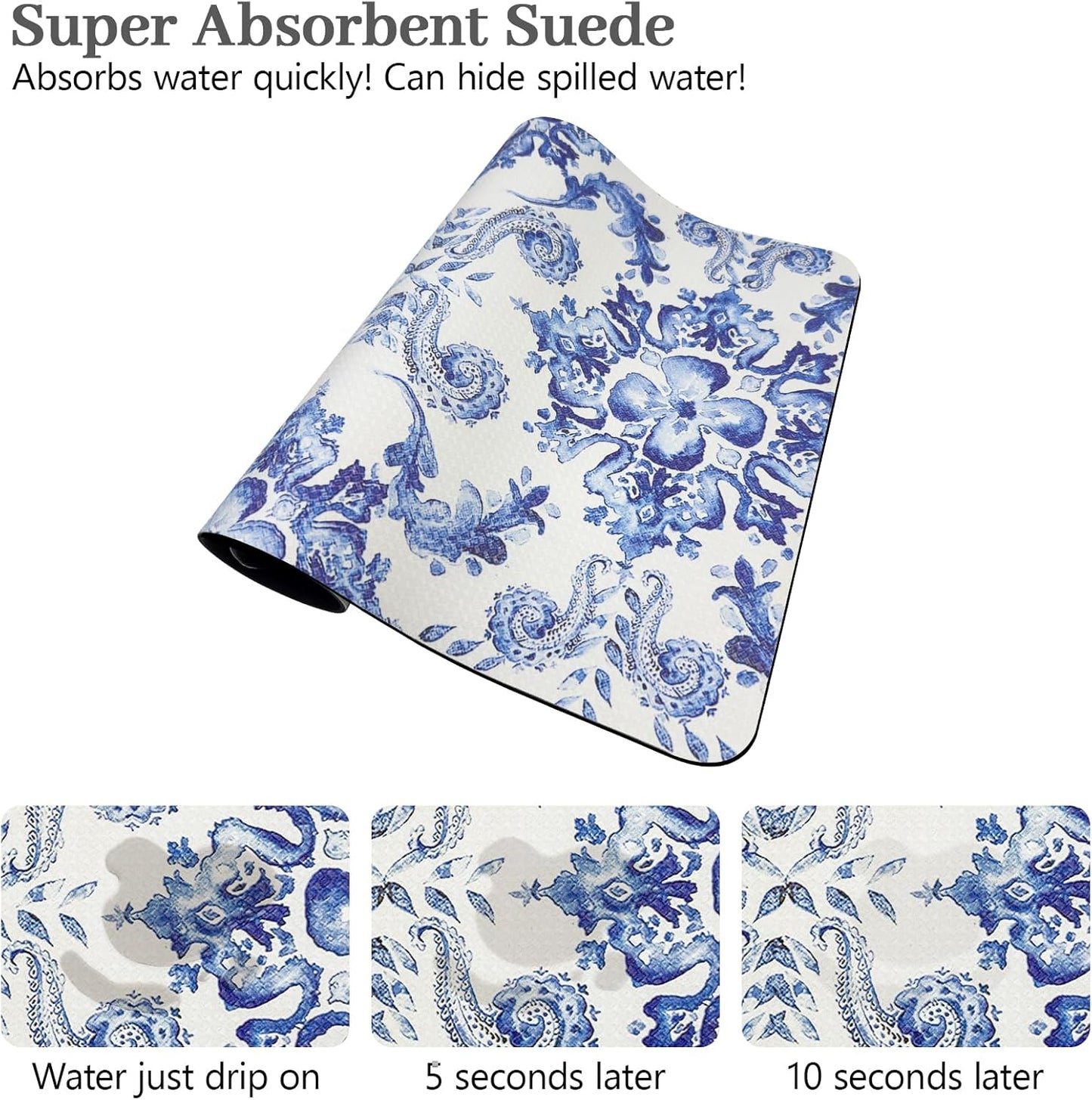 Bloss Dish Drying Mat, Multiple Usage Coffee Bar Mat, Kitchen Counter Mats, Absorbent Hide Stain Rubber Backed Dish Drying Pad(16.1"x24.1", Ink Cyan Flower)