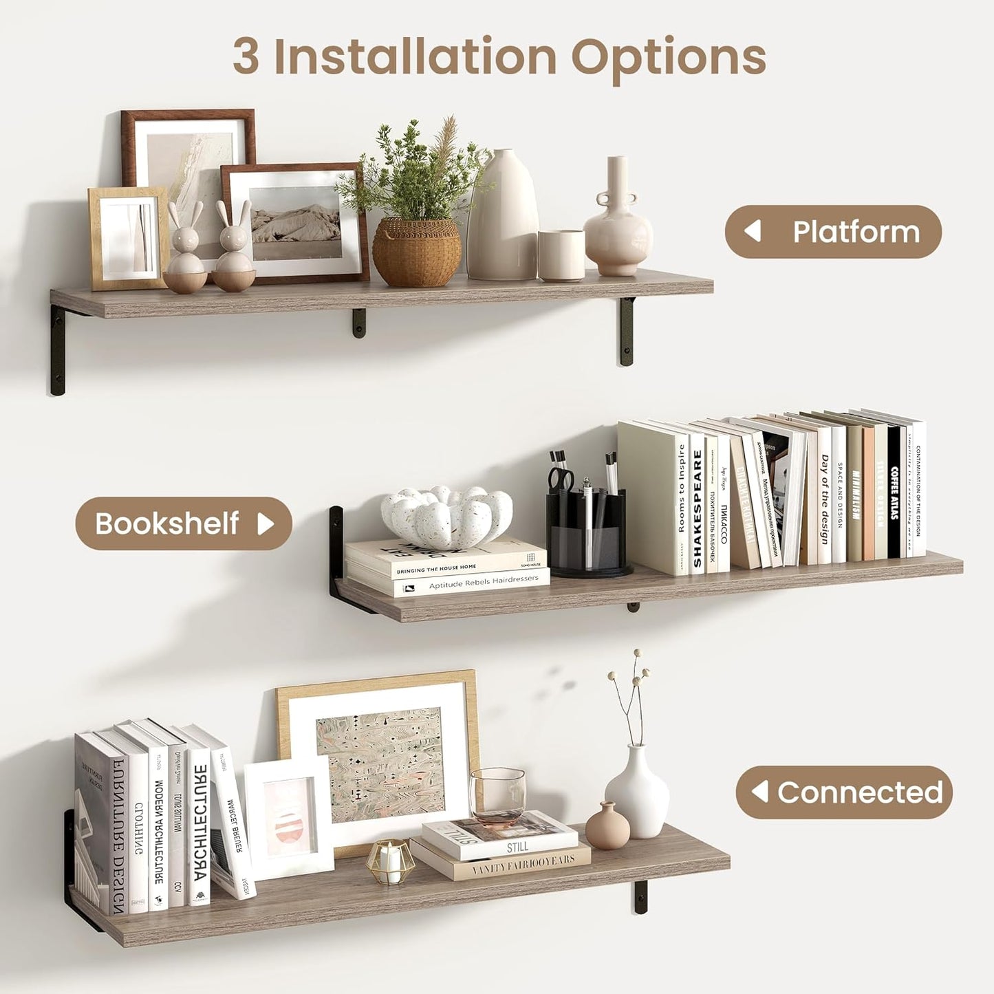 Fun Memories Deep Floating Shelves, 36W x 8D Floating Shelves Set of 2, Wall Mounted Shelf with Metal Brackets, Rustic Wood Wall Shelf for Bathroom, Kitchen and Living Room, Grey