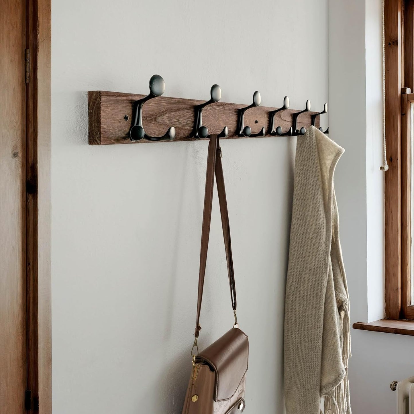 SKOLOO 36-Inch Wood Burnt Coat Rack Wall Mount with 6 Triple Hooks - Ideal for Family Entrances, Classrooms, and Pet Supplies Storage - Perfect Coat Hooks for Wall