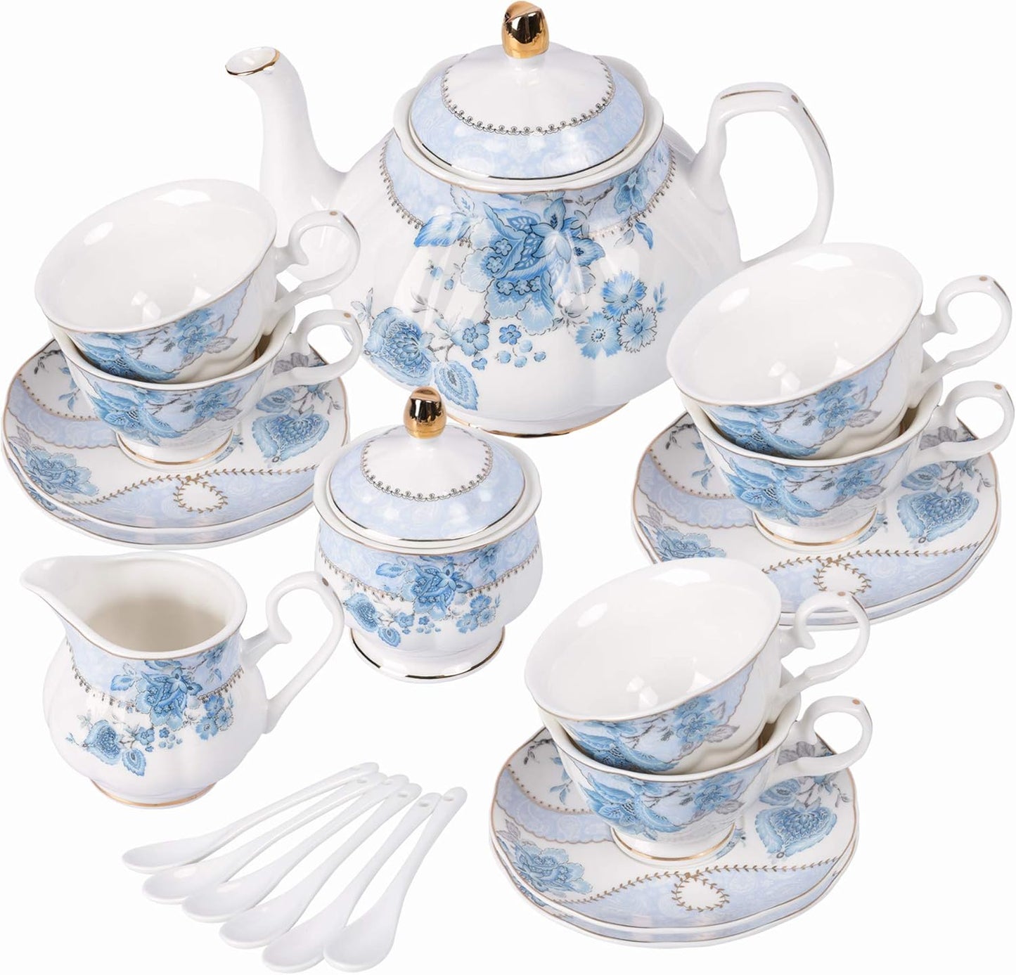 fanquare Blue Flowers Porcelain Tea Set, Tea Cup and Saucer Set Service for 6, Wedding Tea Set with Sugar Bowl Cream Pitcher, Floral Coffee Set for Tea Party