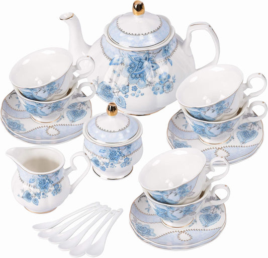 fanquare Blue Flowers Porcelain Tea Set, Tea Cup and Saucer Set Service for 6, Wedding Tea Set with Sugar Bowl Cream Pitcher, Floral Coffee Set for Tea Party