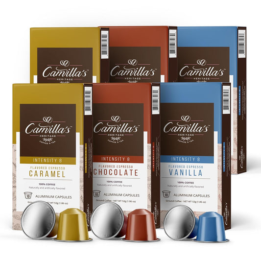 Camilla’s Heritage - Intensity 8 Flavored Espresso Coffee Variety Pack (Gourmet Chocolate, Vanilla & Caramel Espresso Cups) 60 Coffee Pods