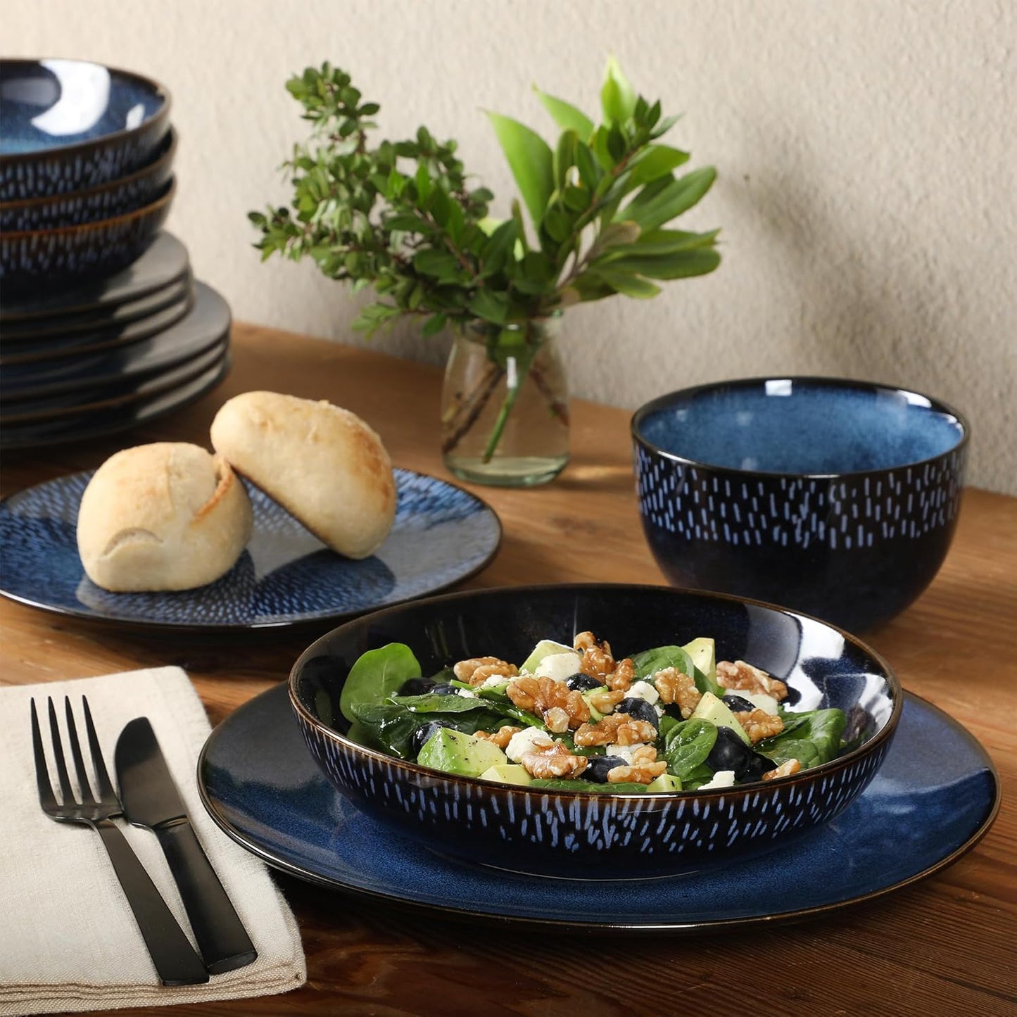 Gibson Elite Matisse 16 Piece Double Bowl Dinnerware Set, Cobalt Blue, Service for 4 (16pcs)