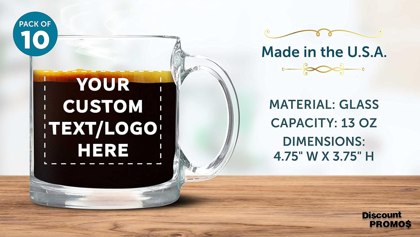 Custom Libbey Clear Glass Coffee Mugs 13 oz. Set of 10, Personalized Bulk Pack - Perfect for Coffee, Tea, Espresso, Hot Cocoa, Other Beverages - Clear Bottom