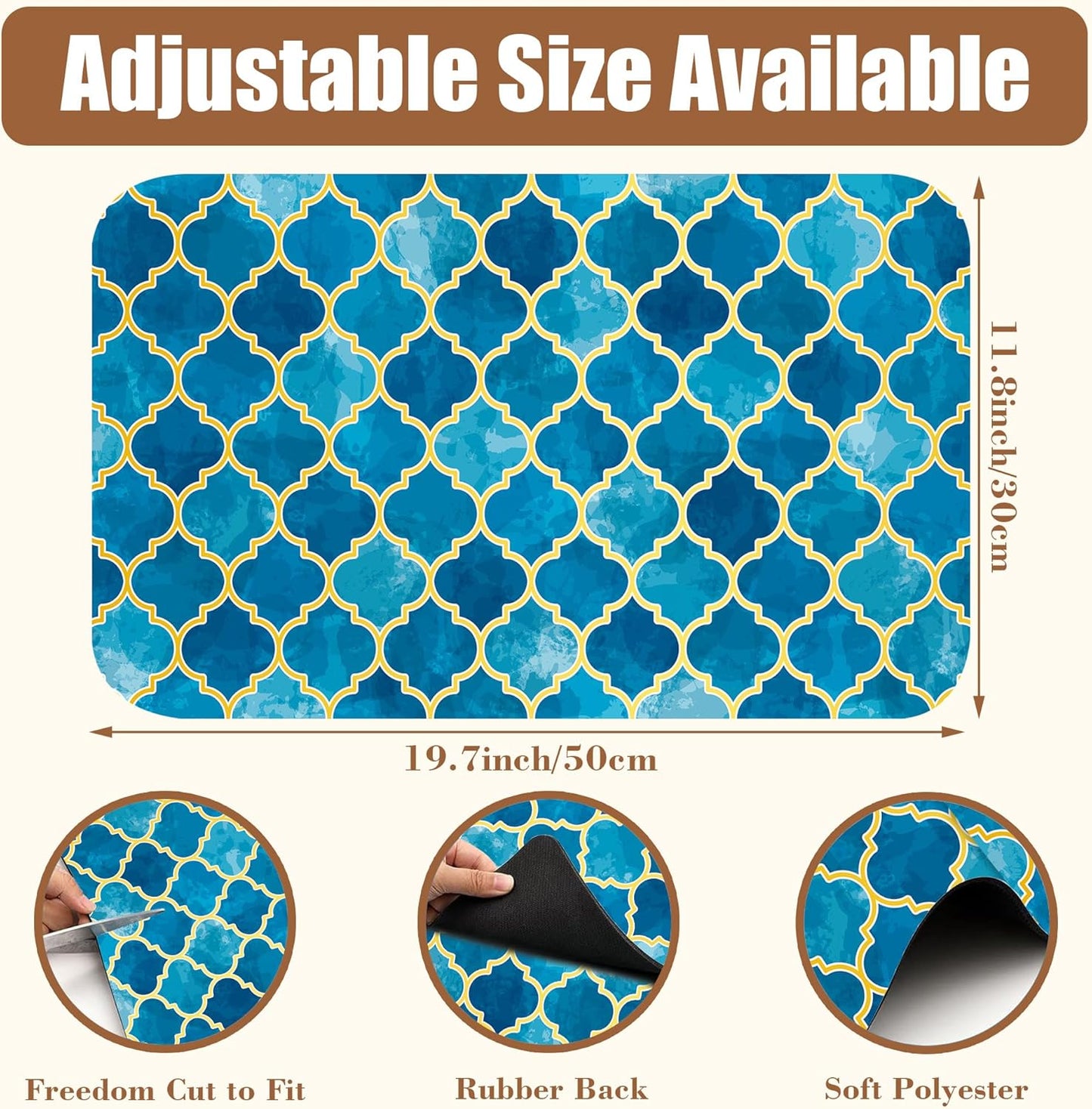 Dish Drying Mat Blue Moroccan Tile Coffee Bar Mat for Countertop Absorbent Hide Stain Rubber Backed Dish Drainer Rack Pad Espresso Machine Table Accessories Dining Room Decor 11.8 x 19.7 Inch