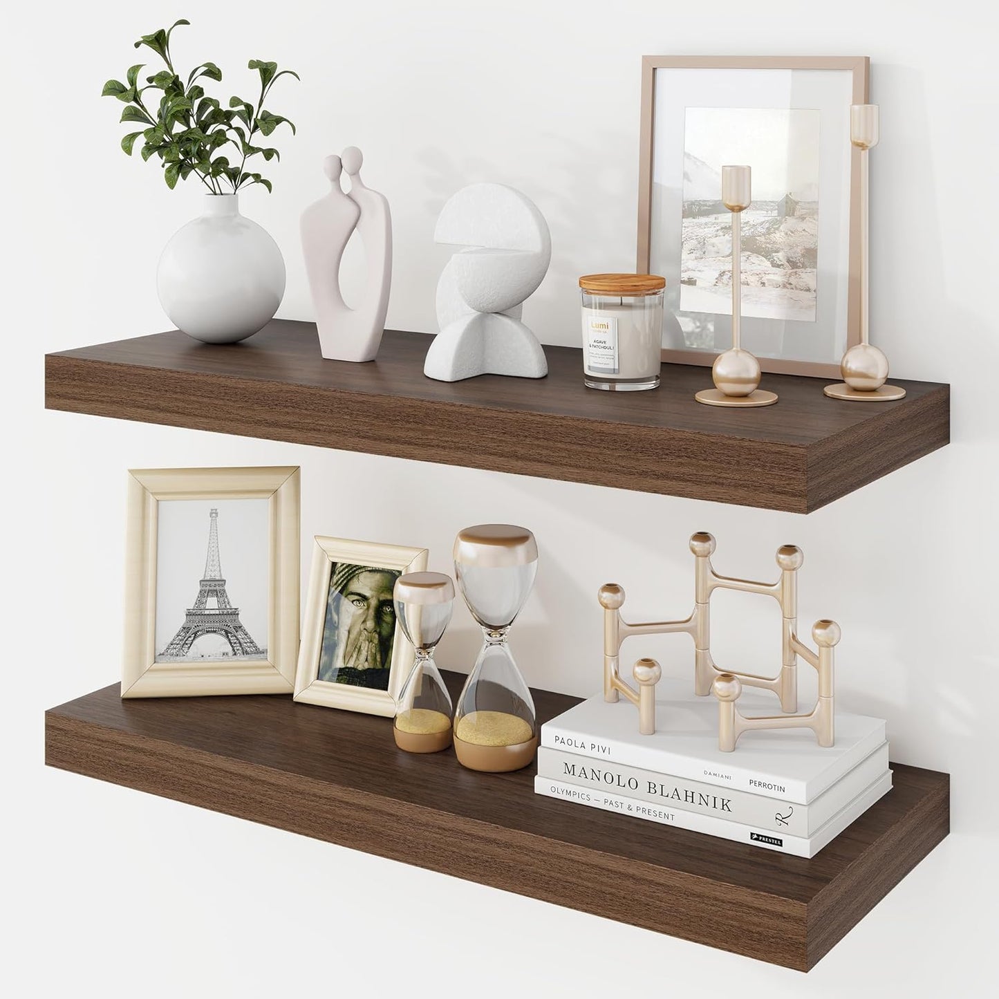 24 Inch Floating Shelves, 9.3" Deep Floating Shelf Wall Mounted, 24" Wall Shelves, Rustic Deep Bookshelf, Large Display Shelves & Storage Shelves for Bedroom, Living Room, Walnut, Set of 2