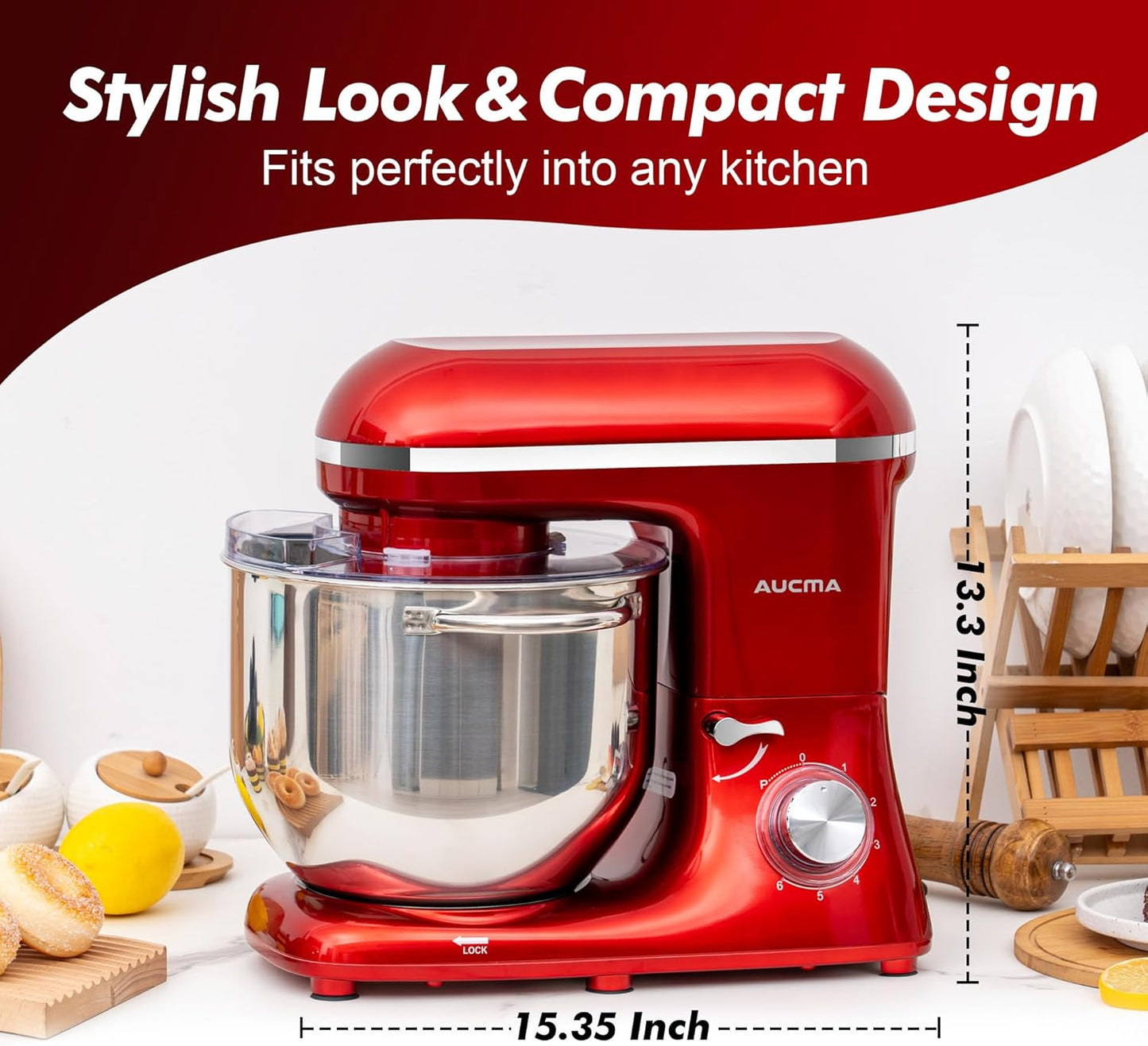 Aucma Stand Mixer, 900W 8QT Large Kitchen Mixer, Kitchen Electric Mixers with Dough Hook, Wire Whip & Beater (Red, 8QT)