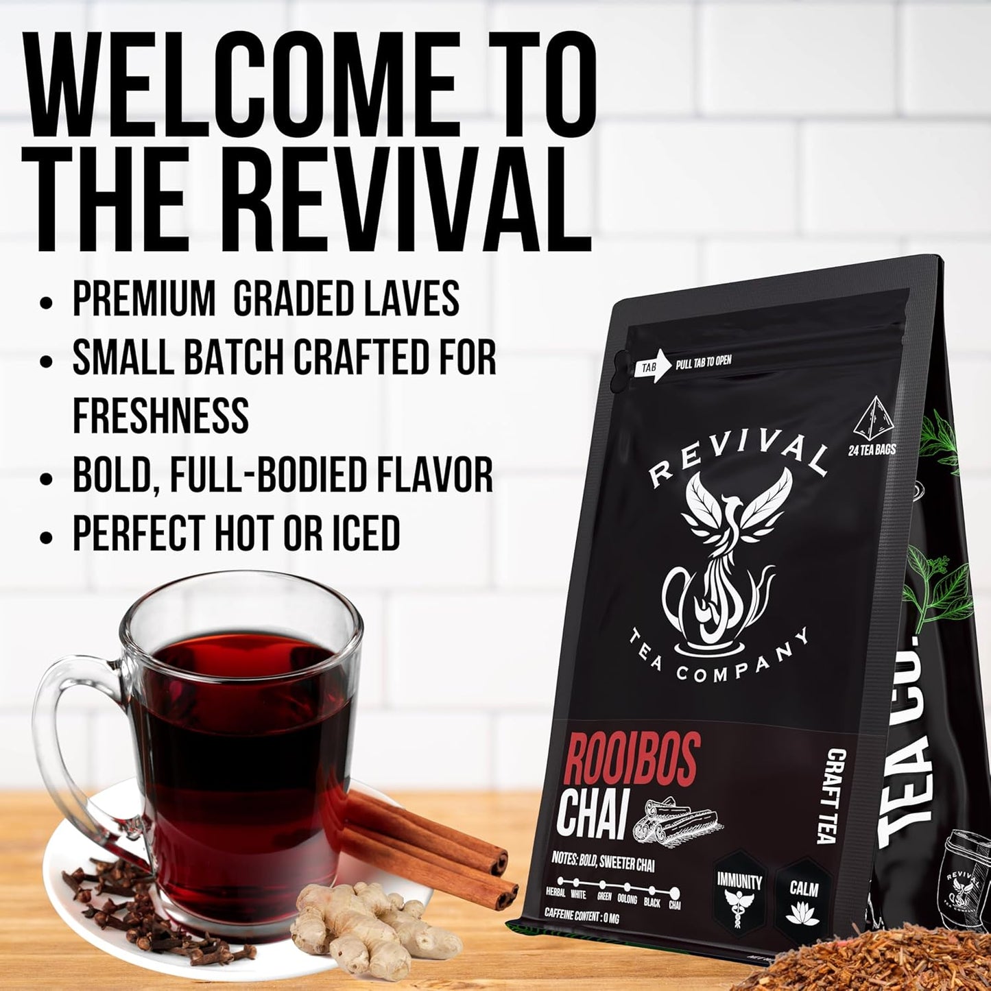 Revival Tea Company Rooibos Chai Tea - Rooibos Red Tea Blend with Fresh Spiced Chai Flavor - Caffeine Free - 24 Tea Bags