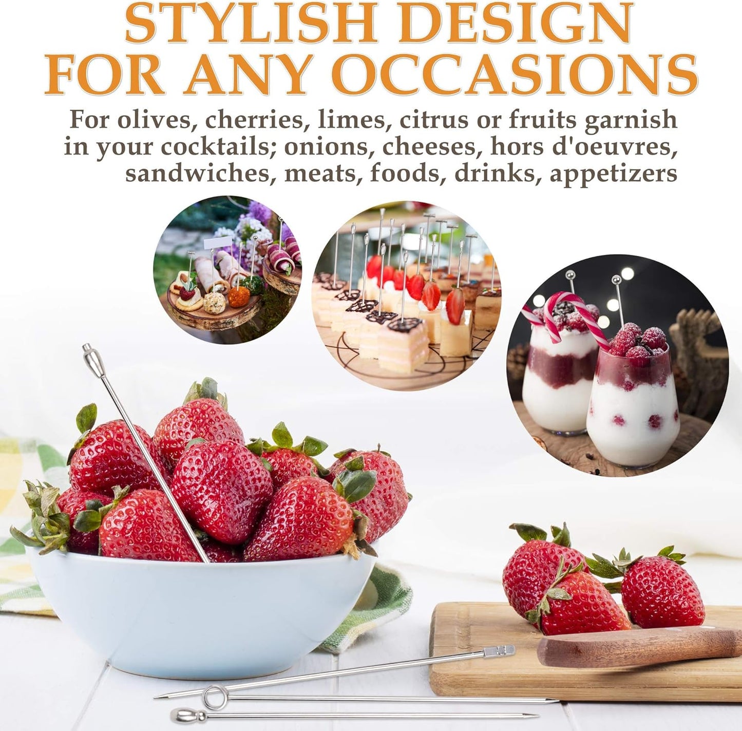 DEMIGO Cocktail Picks, 8 New Styles Stainless Steel Reusable Olive Stuffers Martini Picks set Fruit Toothpicks Garnish Skewers Appetizer Drink Stick for Bar party, Barbeque Snacks, Club sandwiches