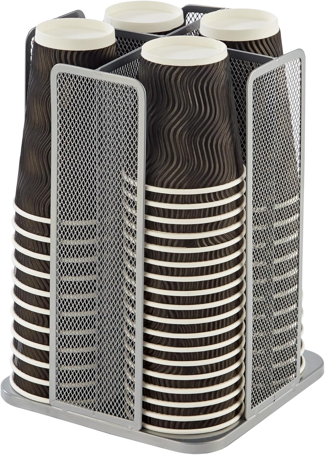 Annova Paper/Plastic Cup and Lid Holder Plastic Storage Organizer, 360°Rotating Coffee Mup Dispenser with 4 Compartments, Multifunctional Storage Rack for Home, Office, Bar, Coffee Shop (Silver)