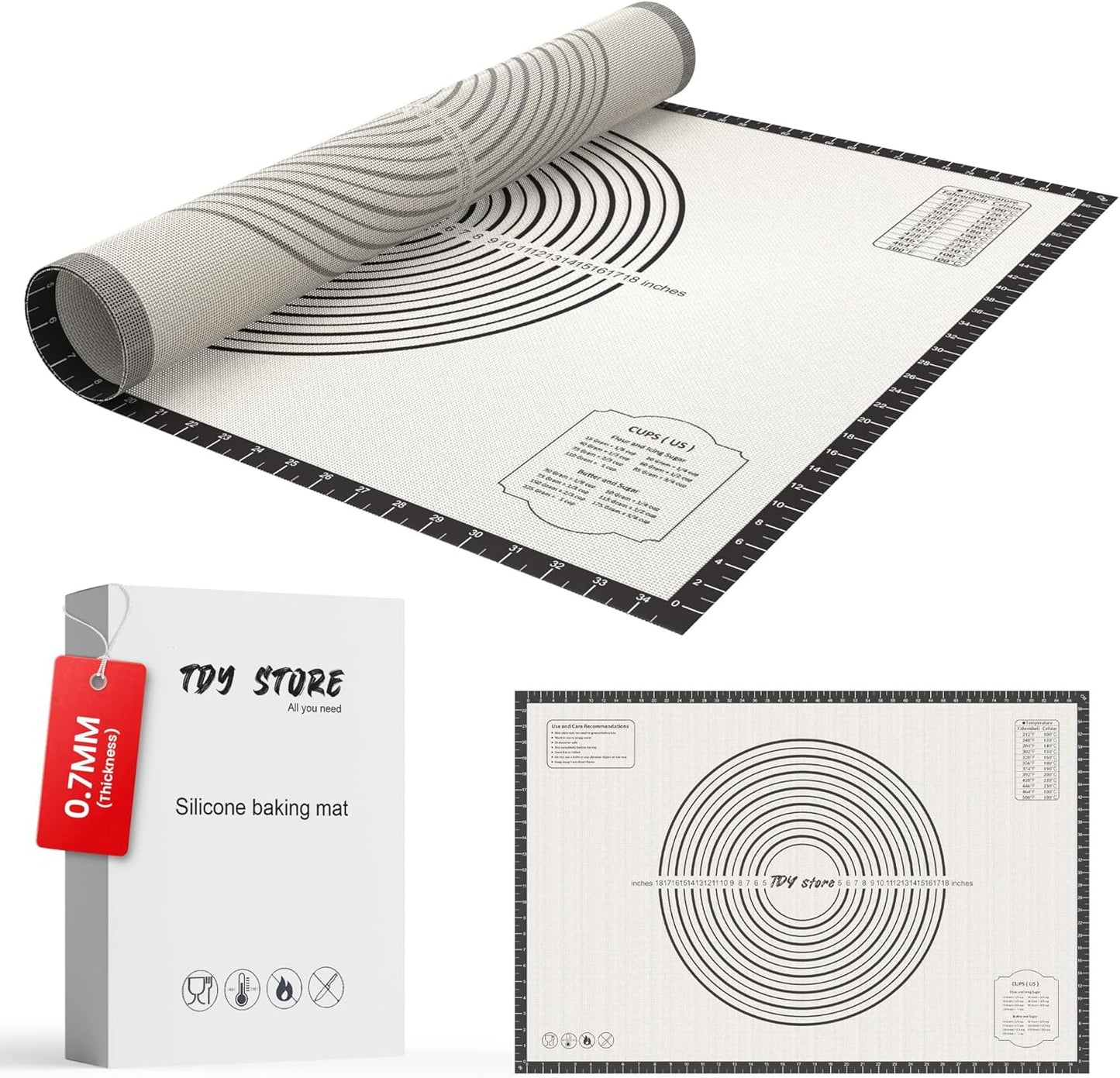 36 * 24 inches Black, Non-Slip Silicone Baking Sheets - Baking Mat with 0.7mm Thickness - Non-Stick Pastry & Cookie Mat for Kitchen Counter for Rolling Out Dough with Measurements.