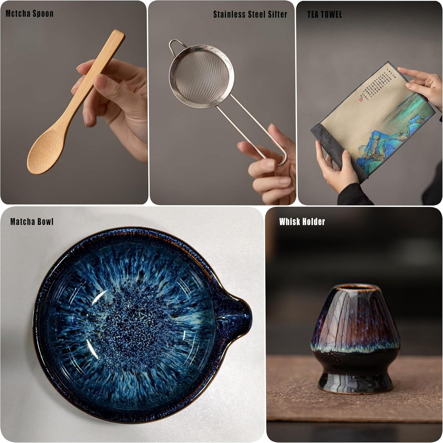 Matcha Whisk Set with Ceramic Bowl - Bamboo Whisk (Chasen), Scoop, Sifter & Holder - Complete Kit for Traditional Matcha Tea - Unique Gifts for Women, Men, Tea Lovers (Luminous-Auric-Sands)