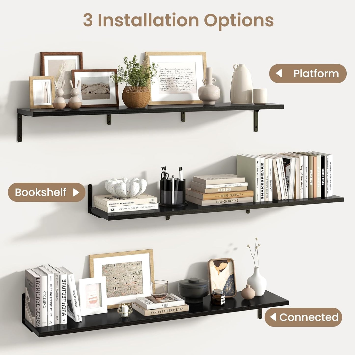 Fun Memories Deep Floating Shelves, 48W x 8D Floating Shelves Set of 2, Wall Mounted Shelf with Metal Brackets, Rustic Wood Wall Shelf for Bathroom, Kitchen and Living Room, Black