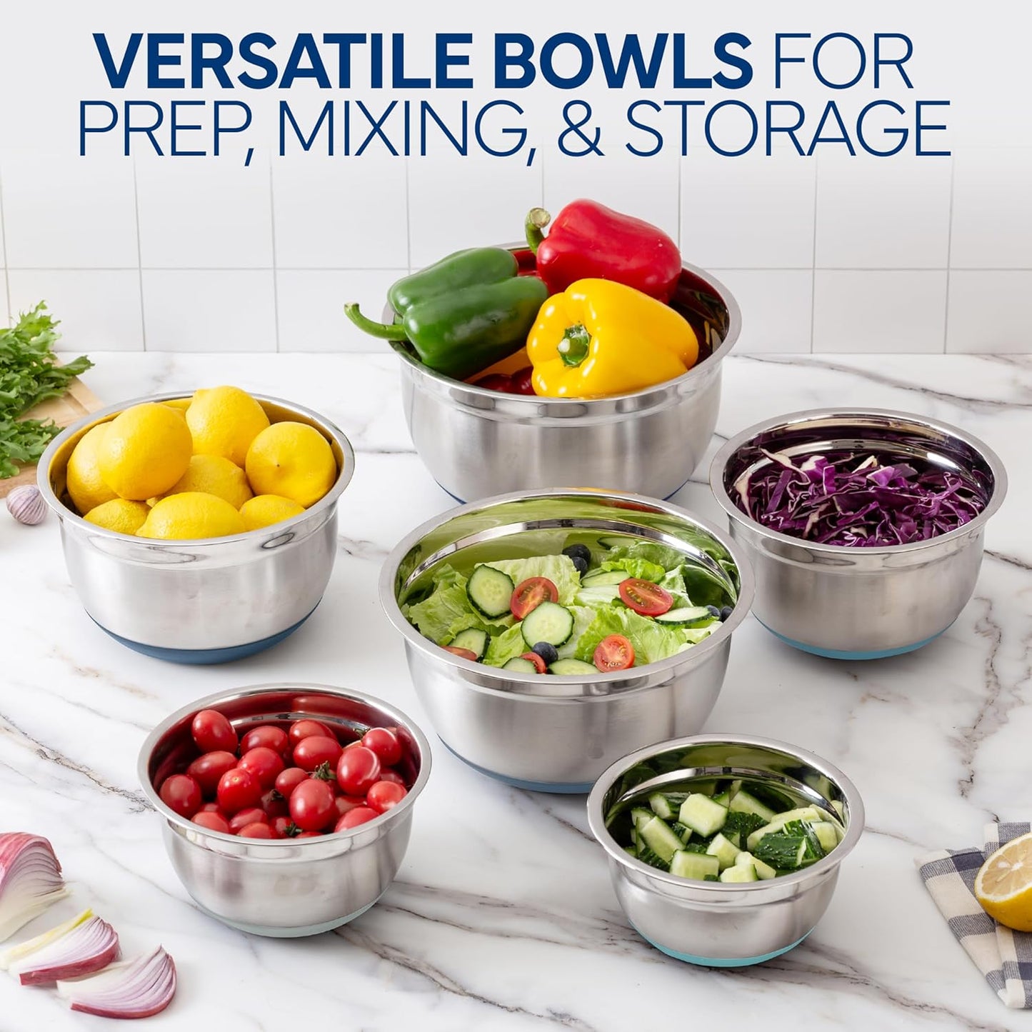 COOK WITH COLOR Stainless Steel Mixing Bowls Set with Lids - Nesting Bowls with Non-Slip Bottom, Blue, 12 Pieces