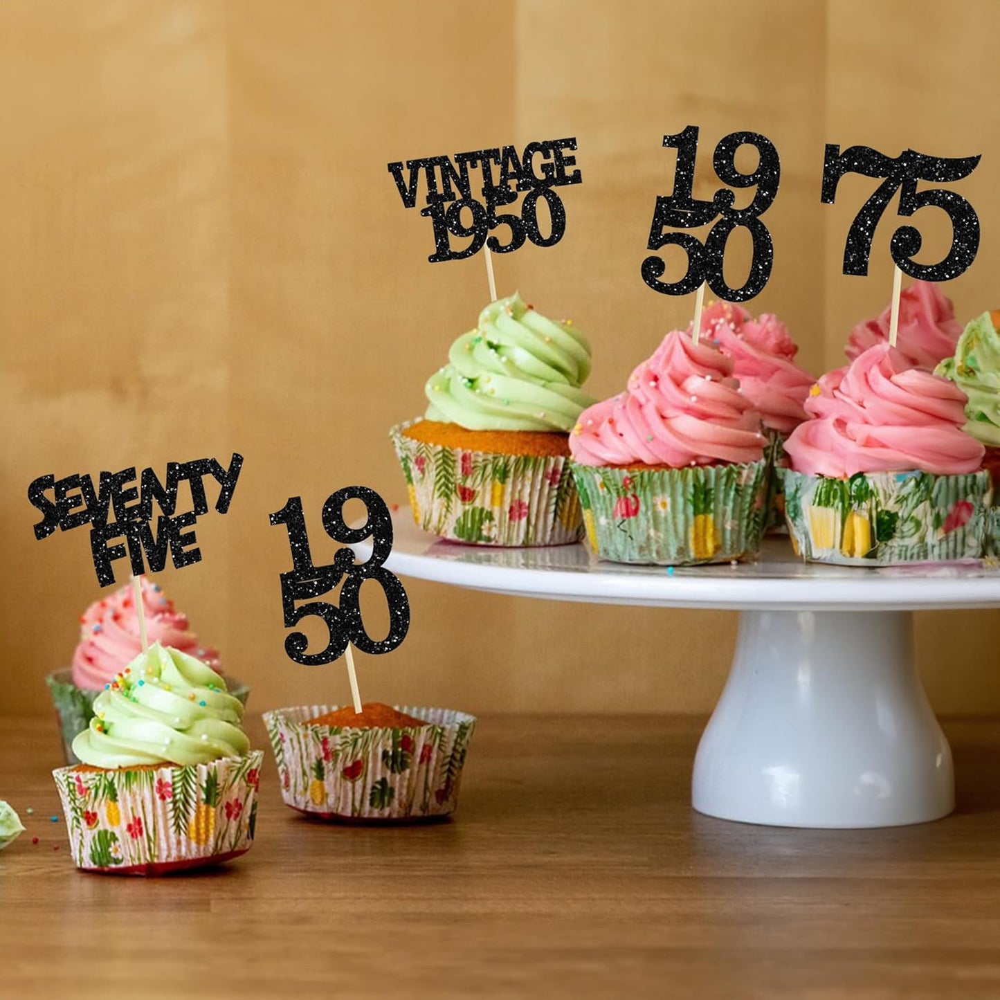 Gyufise 24Pcs Vintage 1950 Cupcake Toppers Glitter Cheers to 75 Fabulous Seventy Five Cupcake Picks 75th Birthday Wedding Anniversary Party Cake Decorations Supplies Black
