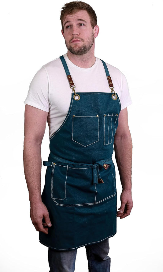 Caldo Canvas Kitchen Apron for Cooking - Mens and Womens Canvas Apron for Professional Chef, Server, or Barista- Adjustable with Pockets (Spruce)