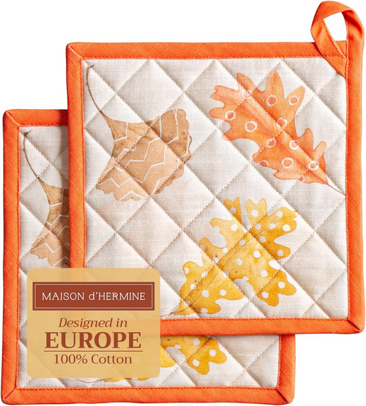 Maison d' Hermine Pot Holders Set 100% Cotton Heat Resistant Potholders 8" x 8" Hot Pads with Loop BBQ, Cooking, Baking, Grilling, Kitchen, Handling Hot Pans (Pack of 2, Colors of Autumn)