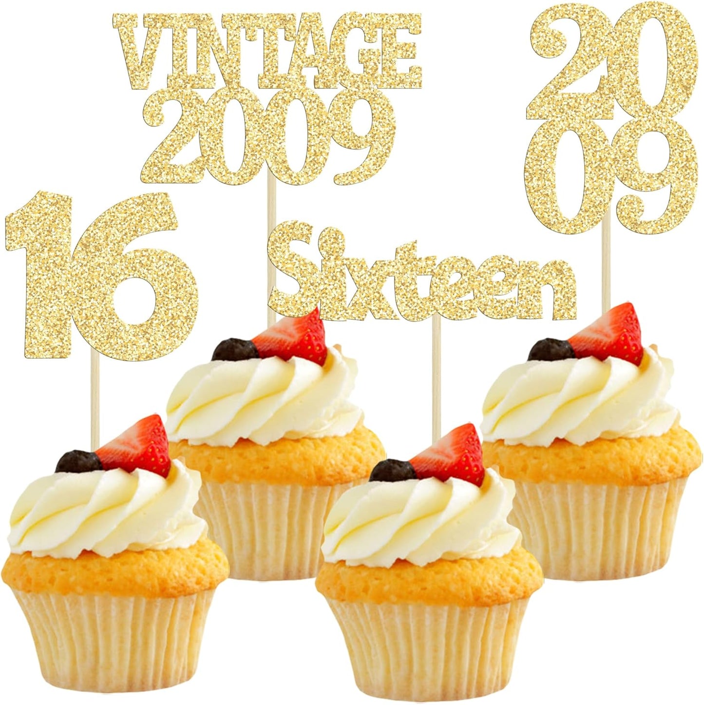 Gyufise 24Pcs Sweet 16 Cupcake Toppers Glitter Sixteen Vintage 2009 16th Birthday Cupcake Picks Hello 16 Years Birthday Cake Decorations for Happy 16th Anniversary Party Supplies Gold