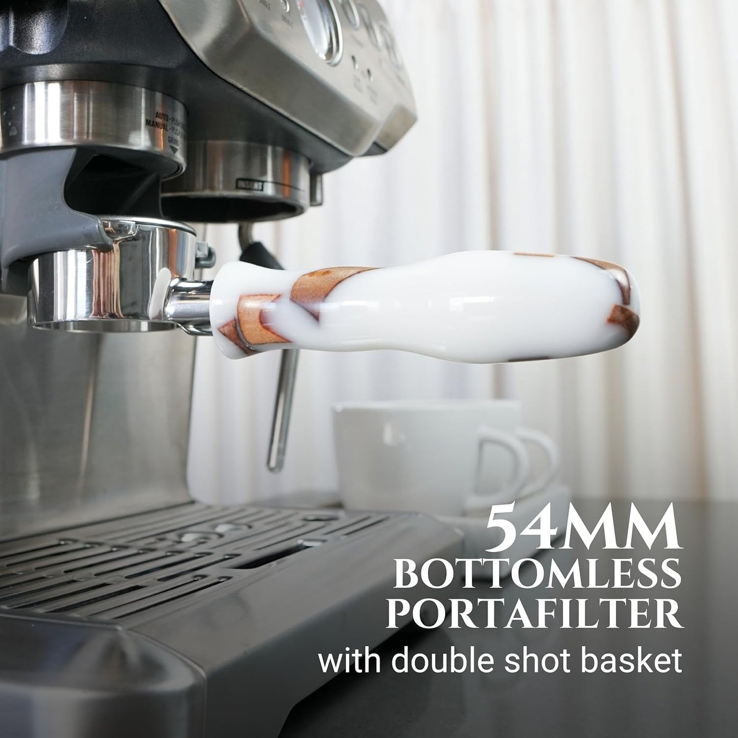 54mm Bottomless Portafilter Modern Handle – Includes Stainless Steel Naked Basket – Fits Breville Barista Express & 54mm Breville Espresso Machines - Espresso Machine Accessories – White
