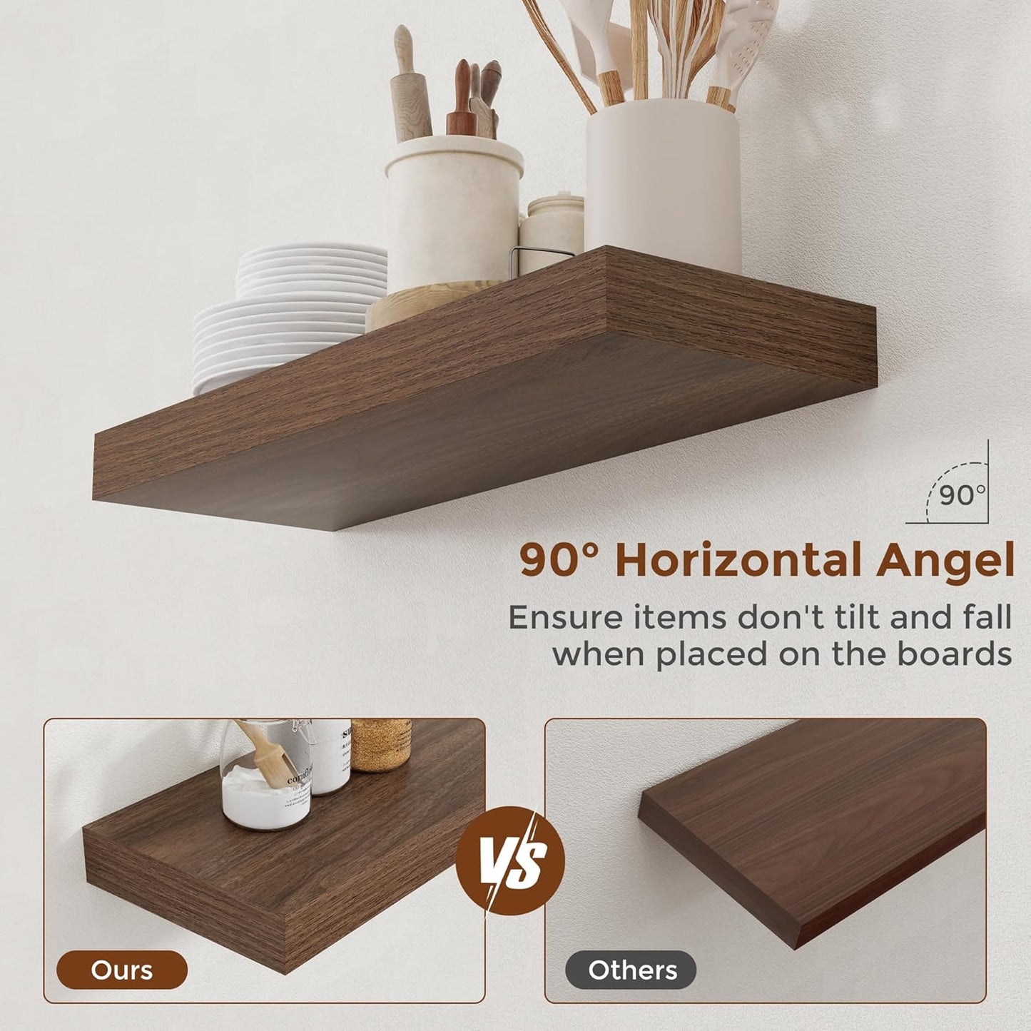 Heimlove 24 Inch Floating Shelves for Wall Walnut Shelves Set of 2,Wall Mounted Rustic Wood 8 Inch Deep Floating Shelf with Invisible Brackets for Bedroom Kitchen Living Room