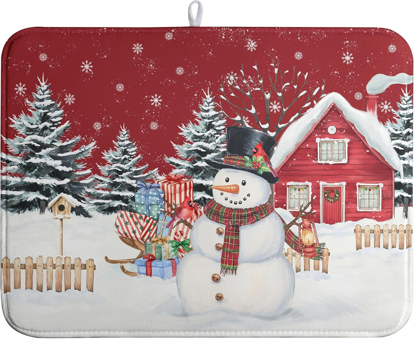 Christma Snowman Dish Drying Mat Winter Snowflake Large Kitchen Mats Dish Drying Pad Red Absorbent Dish Dryer Mat for Kitchen Countertops Microfiber Drainer Pad Dish Drying Mats (18x24 in)