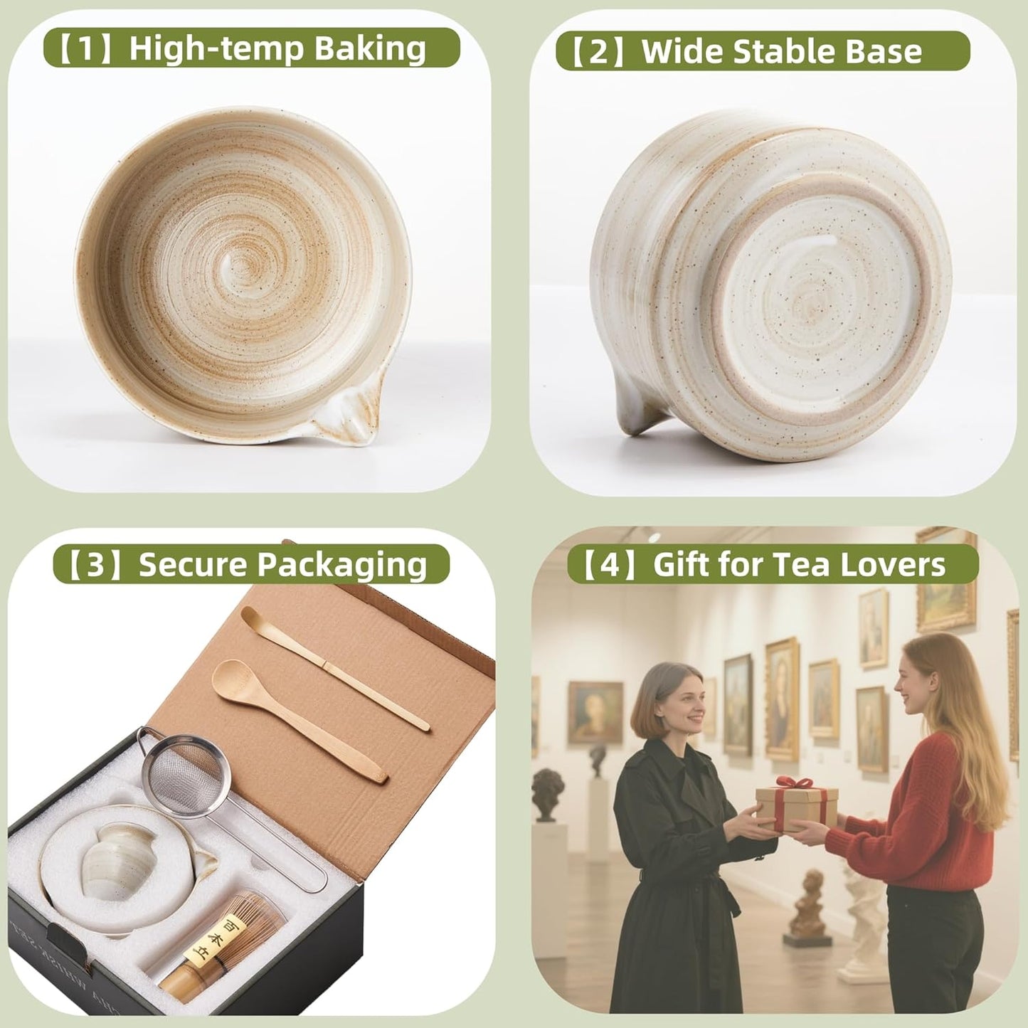 Matcha Whisk Set, Ceramic Matcha Set with Bowl, Matcha Whisk and Holder, Sifter, Bamboo Spoon, Scoop, 6Pcs Ceremony Matcha Kit for Tea Lovers Making Breakfast/Latte