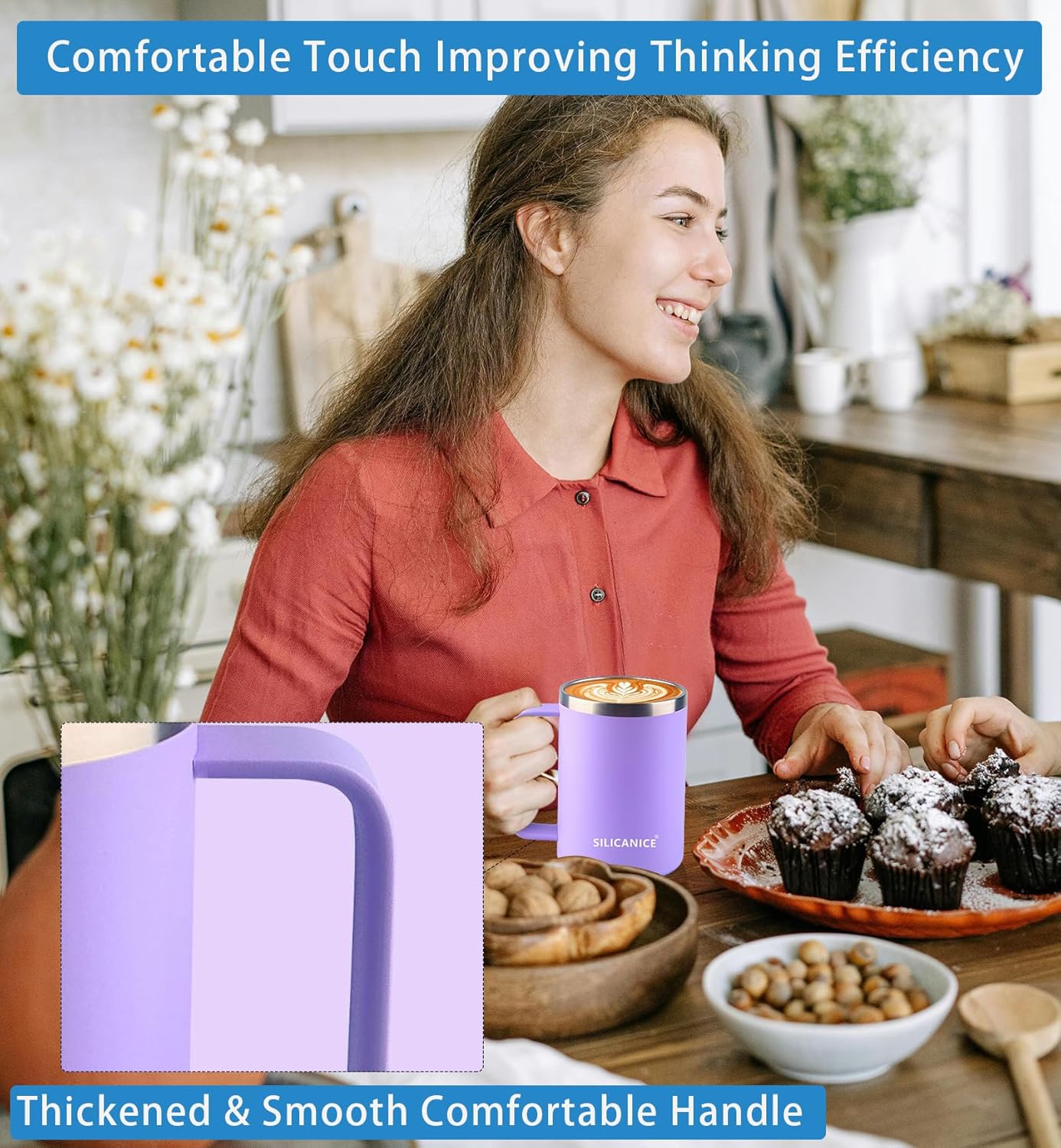 14 oz Purple Stainless Steel Coffee Mug, Reusable Travel Tumbler with Lid & Handle – Dishwasher-Safe Thermos Cup for Women, Ideal for Office/Travel Use with Hot/Cold Drinks