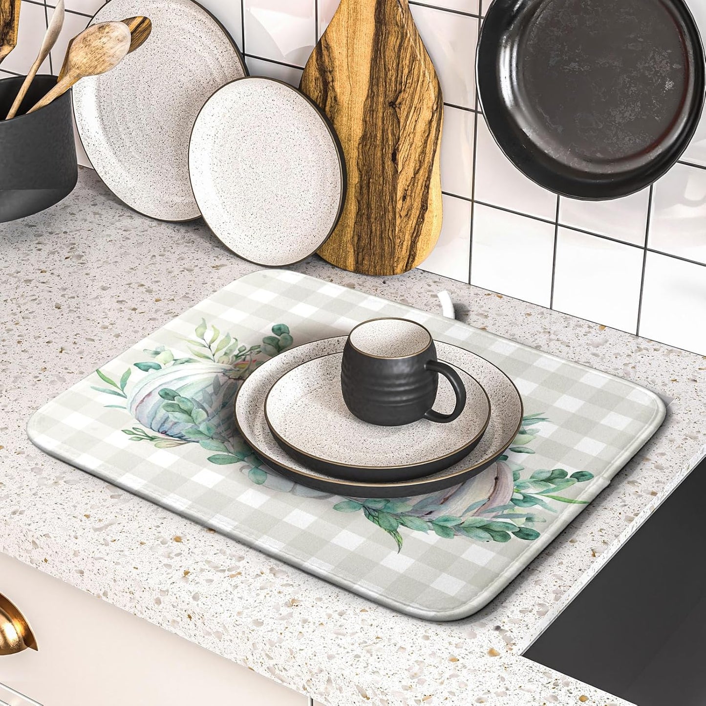Fall Colorful Pumpkin Dish Drying Mat for Kitchen Counter,Green Leaves Drying Mat with Hanging Loop 16 x 18 Inch Microfiber Grey White Check Plaids Dish Drying Pad Dish Rack Drainer Mat for Coffee Bar