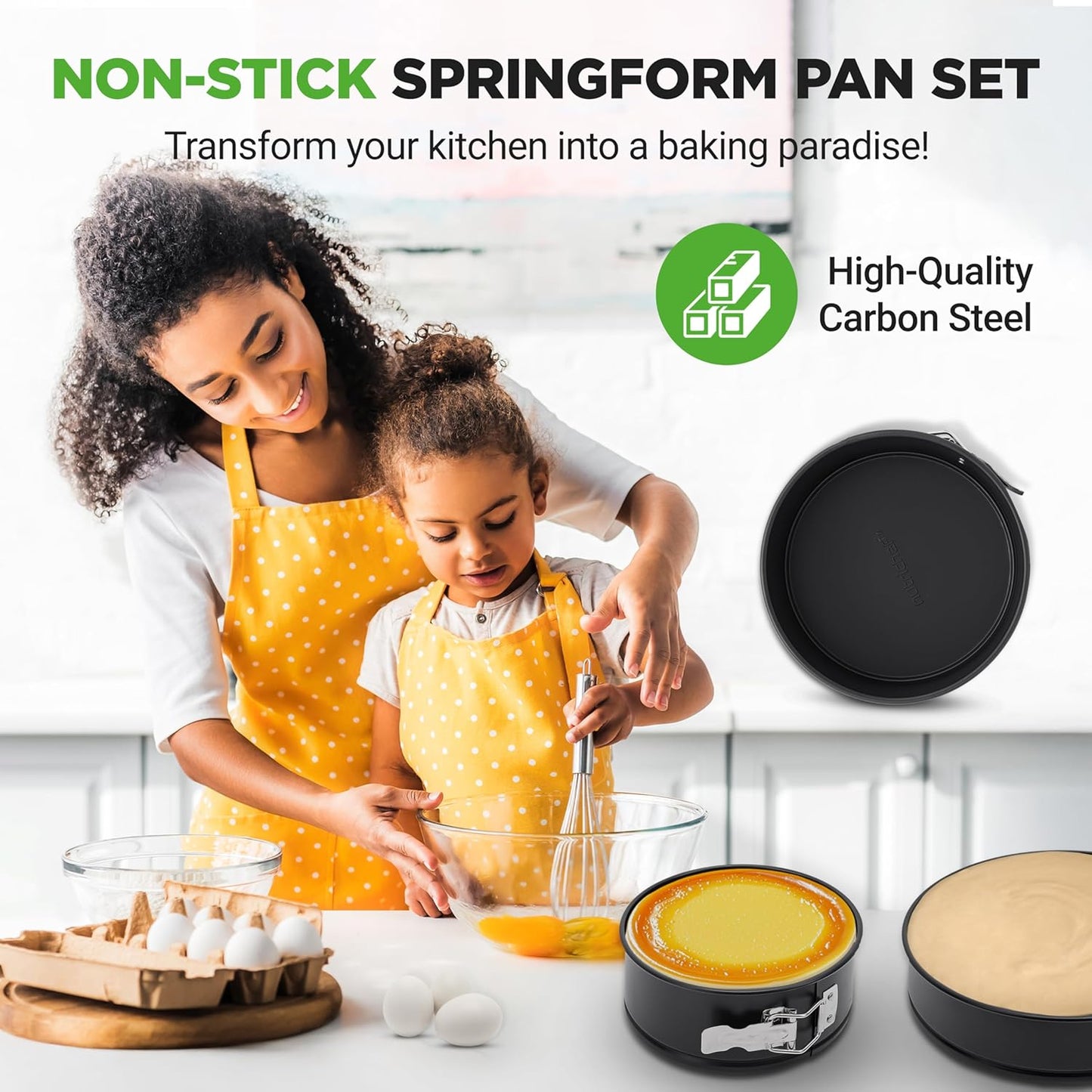 NutriChef 3-Piece Nonstick Springform Pan Set - Premium Carbon Steel Cheesecake Pans with Stainless Steel Clasp - 6", 8", 10" Sizes, Oven Safe up to 450°F - Includes 300pcs Parchment Paper (Black)